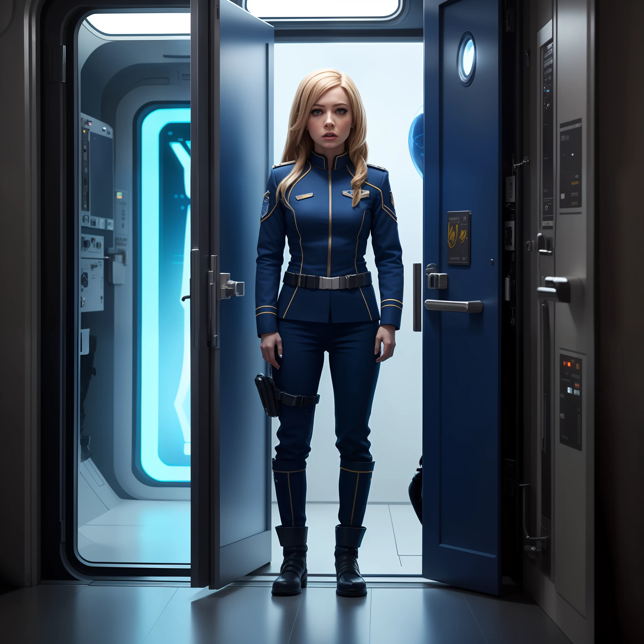 4k, best qulaity, photorealistic, avril lavigne, sci fi Movie, on a spaceship, standing in front of a door, tight blue spaceship uniform, starfleet uniform, facing an alien, scared, fear, full body --auto