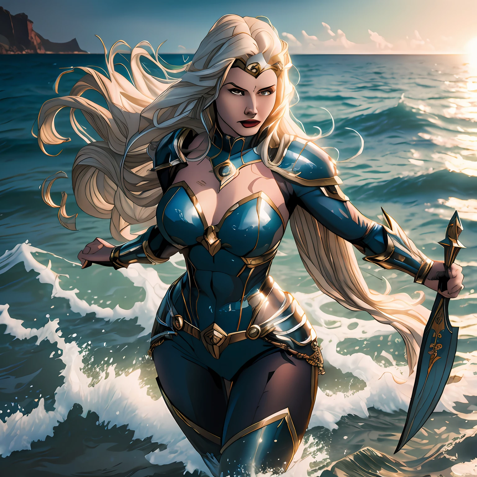 Woman superheroine queen of the oceans, mulher musculosa, vestindo uma armadura pesada azul, cabelo branco, pele negra, pele marrom, poderosa, olhar confiante, muscular athletic woman, deusa antiga, deusa dos oceanos, divindade moderna, personagem 2d, estilo quadrinhos