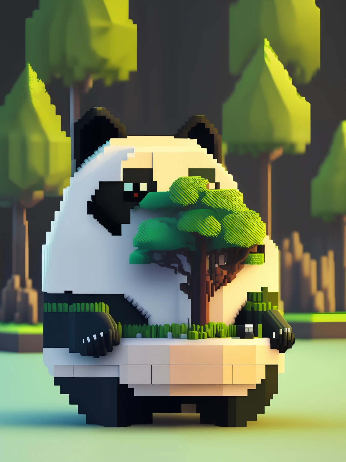 Atmospheric pixel art, A panda at dawn at the zoo, green trees,Minimalist,3d,white backgrounid