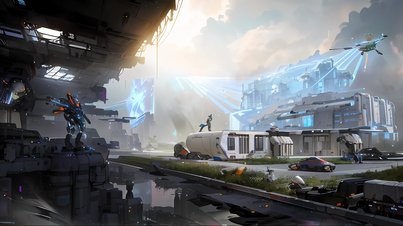 A man is building something,sci-fy, inside a futuristic army base, Dystopian digital concept art, highly realistic concept art, futuristic concept art, stunning sci-fi concept art, in 2 0 5 5, Detailed 4K concept art, star citizen concept art, stunning concept art, High quality digital concept art, future concept art,mystical sci-fi concept art, arstation and beeple highly, epic scifi fantasy art, sci fi epic digital art, sci-fiish landscape, sci-fi artwork, sci-fiish landscape, sci-fiish landscape, award winning scifi art, 8K - Automatic, Colorful colorful，((Daisaku:1.3))，From orange to purple，