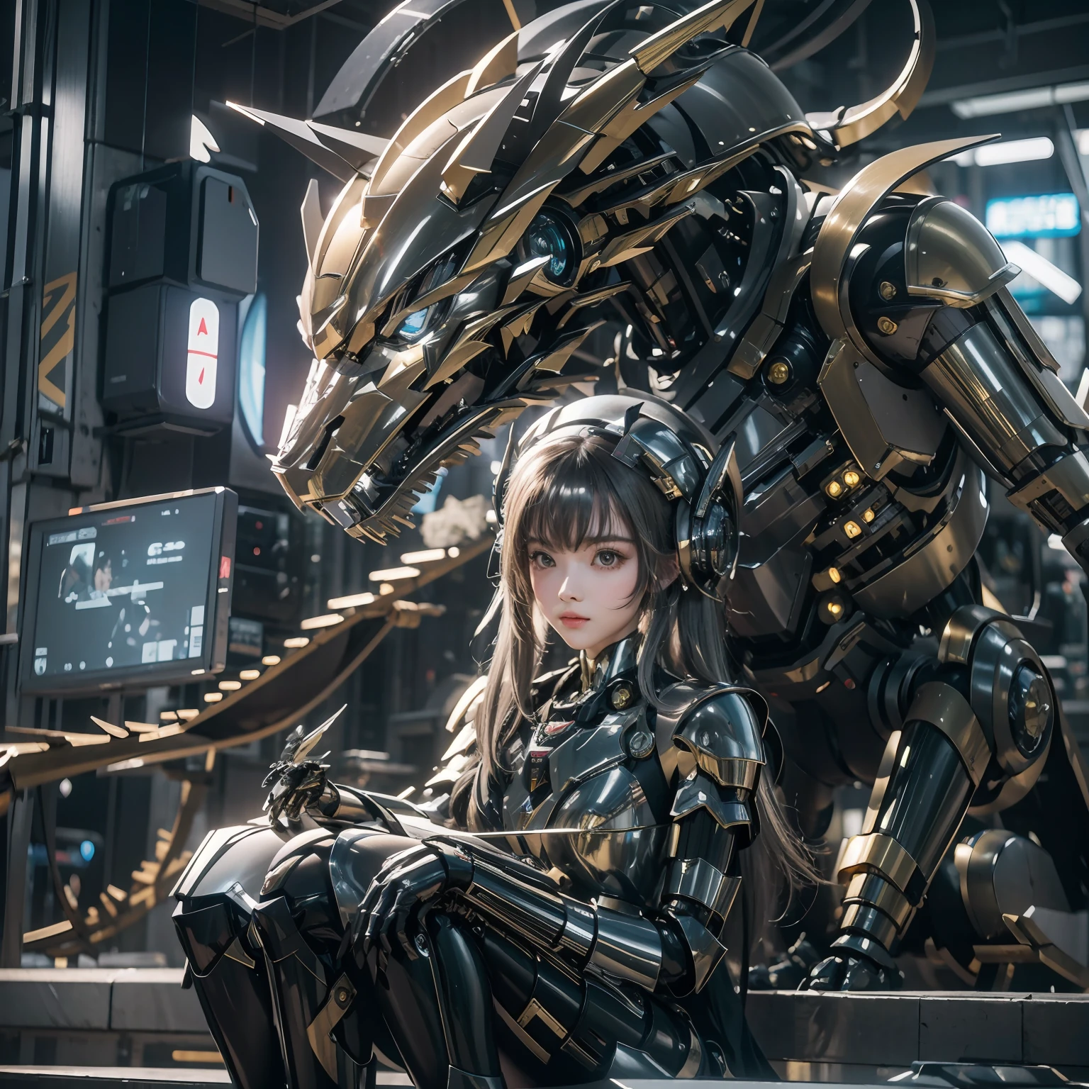 1girll,Big eyes,Perfect facial features,With a mecha helmet,mechs,Photorealsitic,Metallic,sitting on a stool,eyes looking at the lens,Lips slightly open,There is a mecha dragon behind him,dragon,best qualtiy,c4d渲染,rendering by octane,Cinematic quality,tmasterpiece,16k