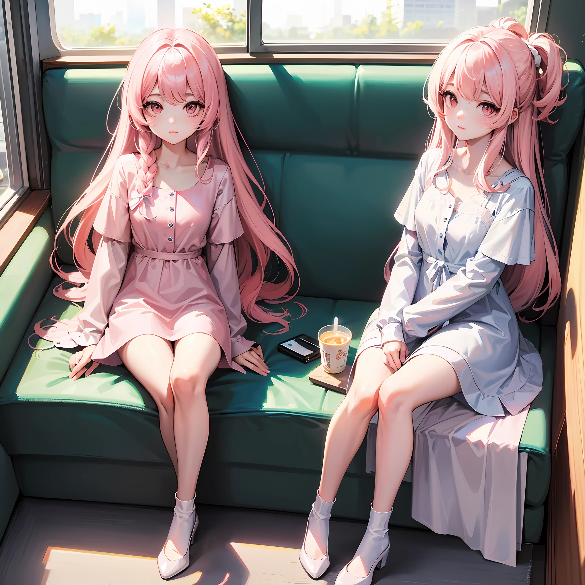 high-level image quality、1 girl in、Sit on a white bed、kawaii、light pink hair、Pink eyes、length hair、during daytime、window、Light sunlight、gentle、 --auto