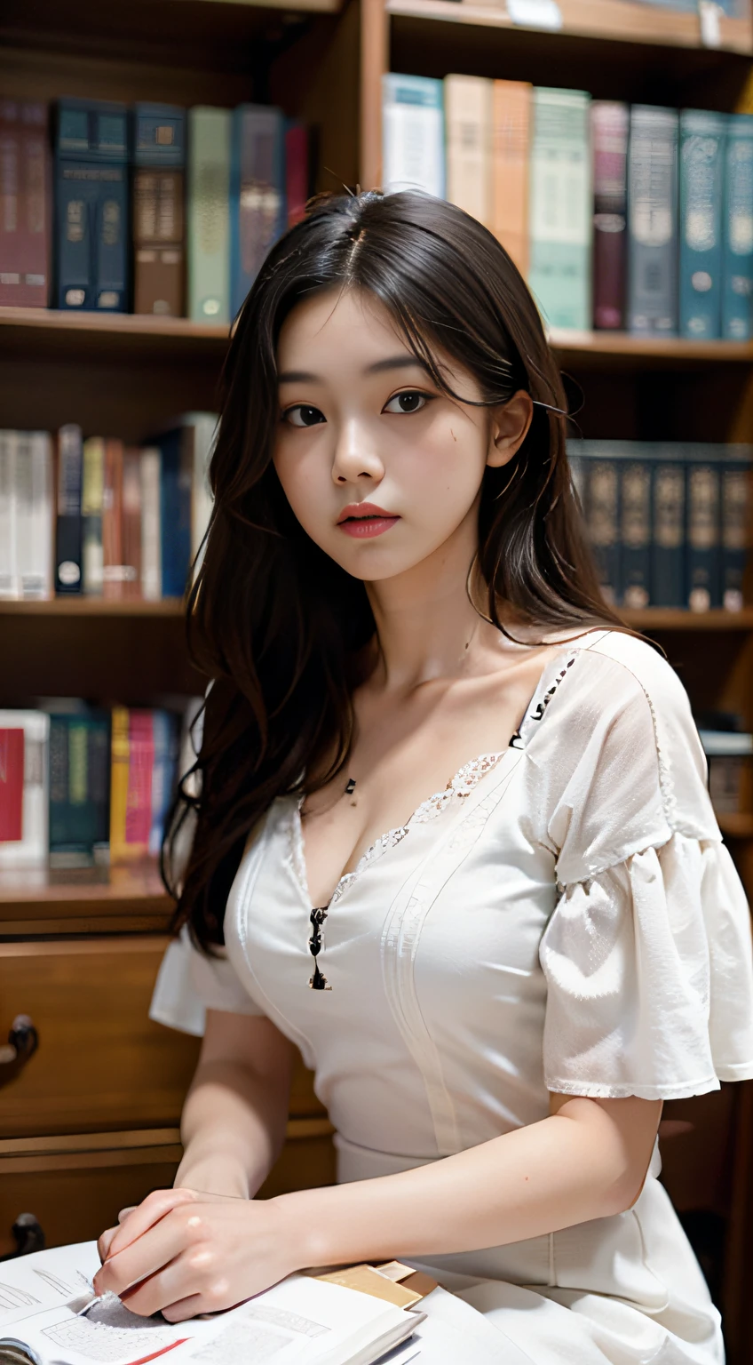 Close-up of a woman in a dress sitting in front of a bookshelf