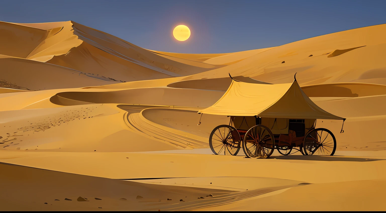setting sun,Camel caravan,dunhuang,Mogao Grottoes,Silk Road,A desert,Flat illustration,yellow tint --auto