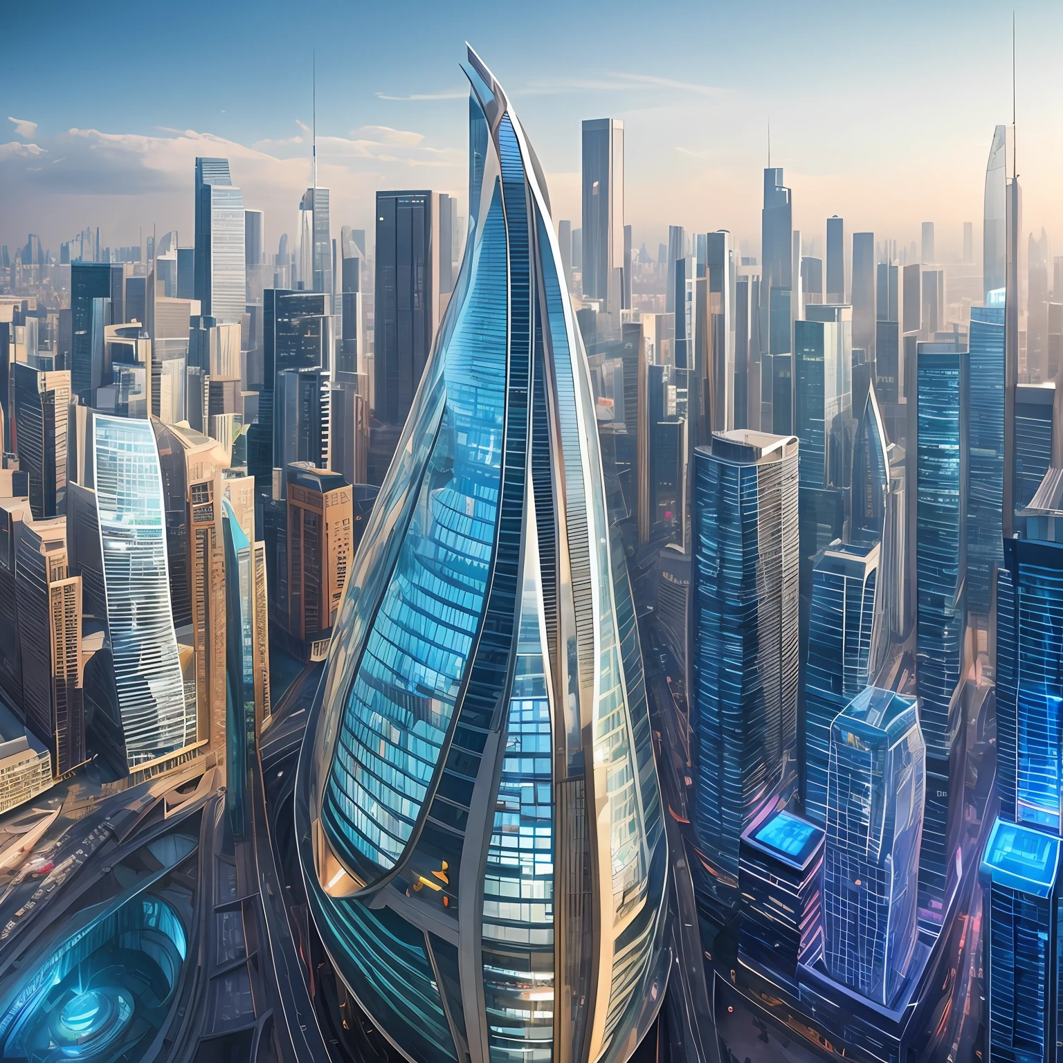 Tower,truth,The future cityscape is filled with awe-inspiring technological marvels. Towering skyscrapers rise into the clouds, boasting sleek and modern designs. The fusion of streamlined, curved, and geometric architectural structures with reflective materials and glass facades creates a mesmerizing futuristic landscape. On the streets, remarkable floating transportation vehicles glide swiftly, such as flying cars or maglev trains, exuding a high-tech exterior as they navigate the city's airspace style:Photographi