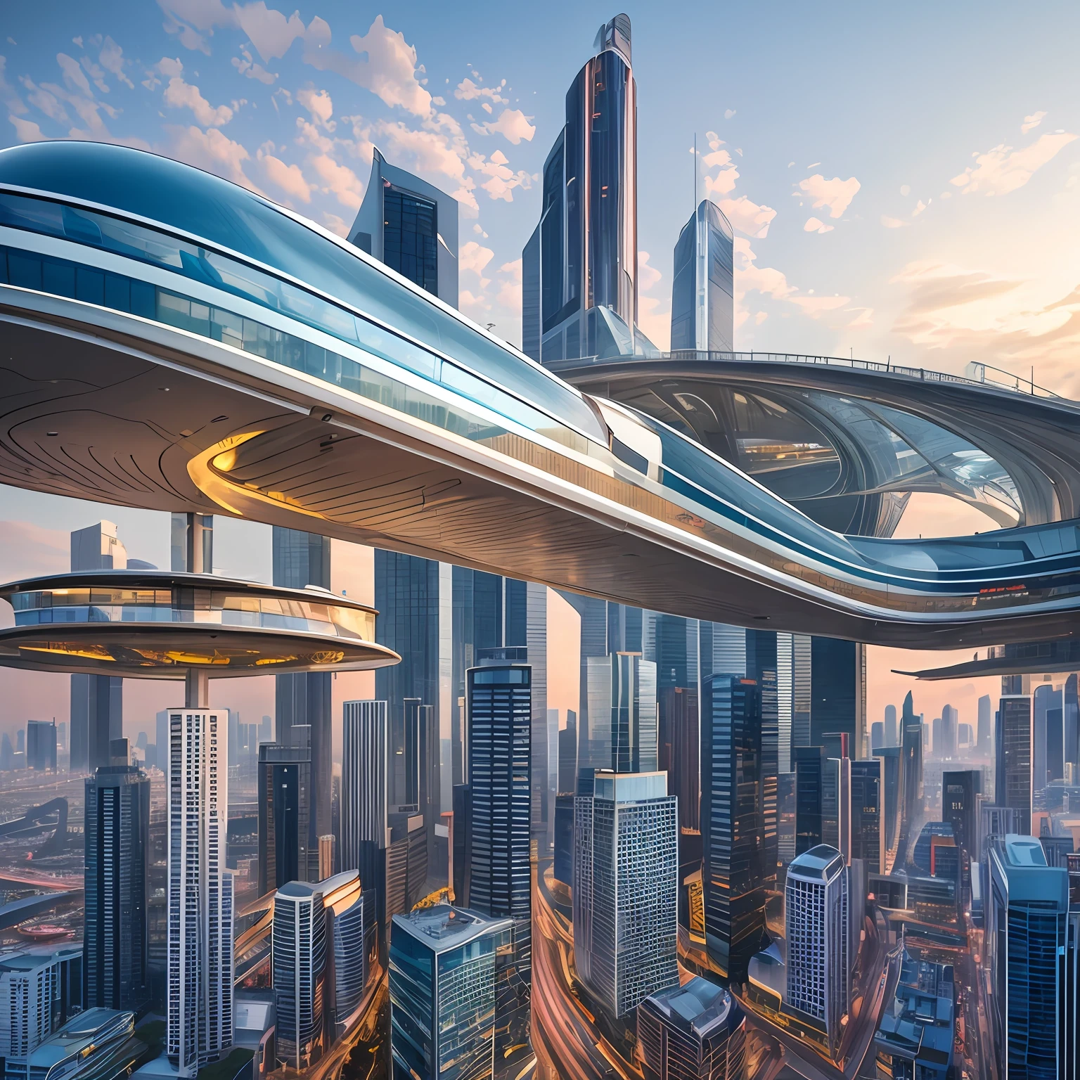 Tower,truth,The future cityscape is filled with awe-inspiring technological marvels. Towering skyscrapers rise into the clouds, boasting sleek and modern designs. The fusion of streamlined, curved, and geometric architectural structures with reflective materials and glass facades creates a mesmerizing futuristic landscape. On the streets, remarkable floating transportation vehicles glide swiftly, such as flying cars or maglev trains, exuding a high-tech exterior as they navigate the city's airspace style:Photographi
