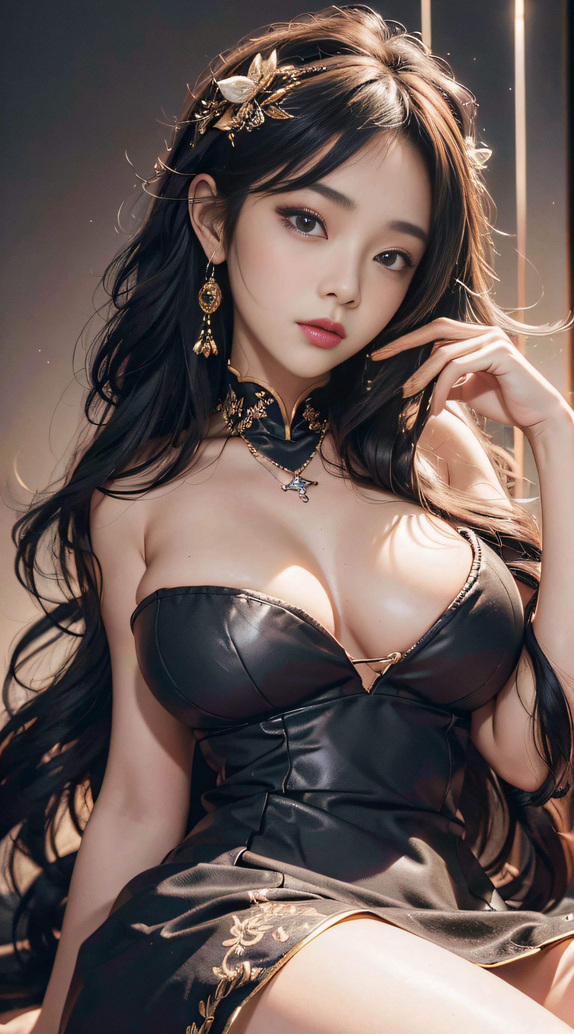 top-quality、masterpiece、Hi-Res、1人、qipao dress、hair adornments、a necklace、jewely、beautiful countenance、Body Up、Large breasts emphasis、toned waist、wide buttocks、Tindall Effect、Photorealsitic、Dark Studio、Rim Lighting、Two-tone lighting、(High Detail Skins:1.2)、8k UHD、Digital SLR、Soft lighting、hightquality、volume illumination、Frankness、a picture、hight resolution、4k、8k、Bokeh、、