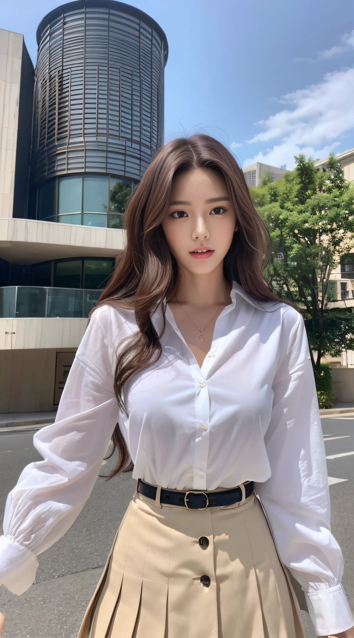 (Best quality, High resolution, Masterpiece :1.3), A tall and pretty woman, Slender abs, Dark brown hair styled in loose waves, Breasts, White button up shirt, Black pleated skirt, (Modern architecture in background), Details exquisitely rendered in the face and skin texture, Detailed eyes, Double eyelid