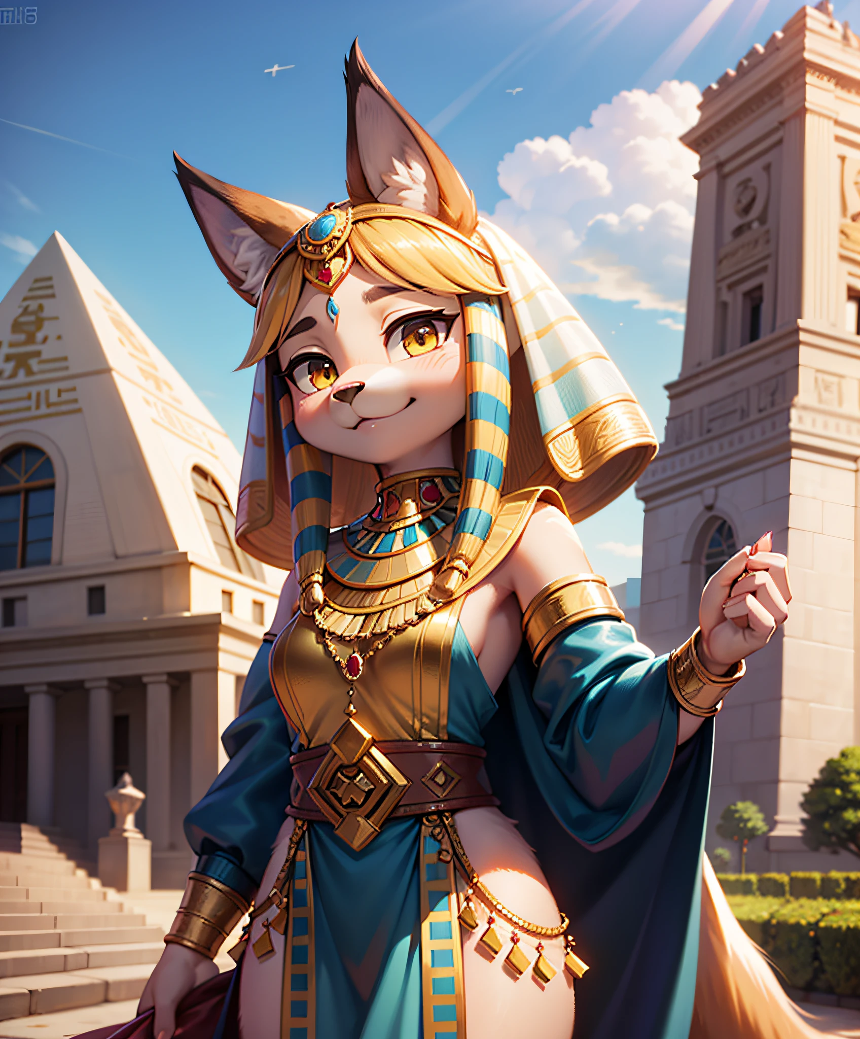 tmasterpiece,Best quality at best,Animal anthropomorphism,A Catwoman,exteriors,hdr,blue-sky,rays of sunshine,Pyramind's perfect glow,animal nose,独奏,detail fur,epic movie concept adorable,Egyptian attire,looking at viewert,Sheli,anthro lynx