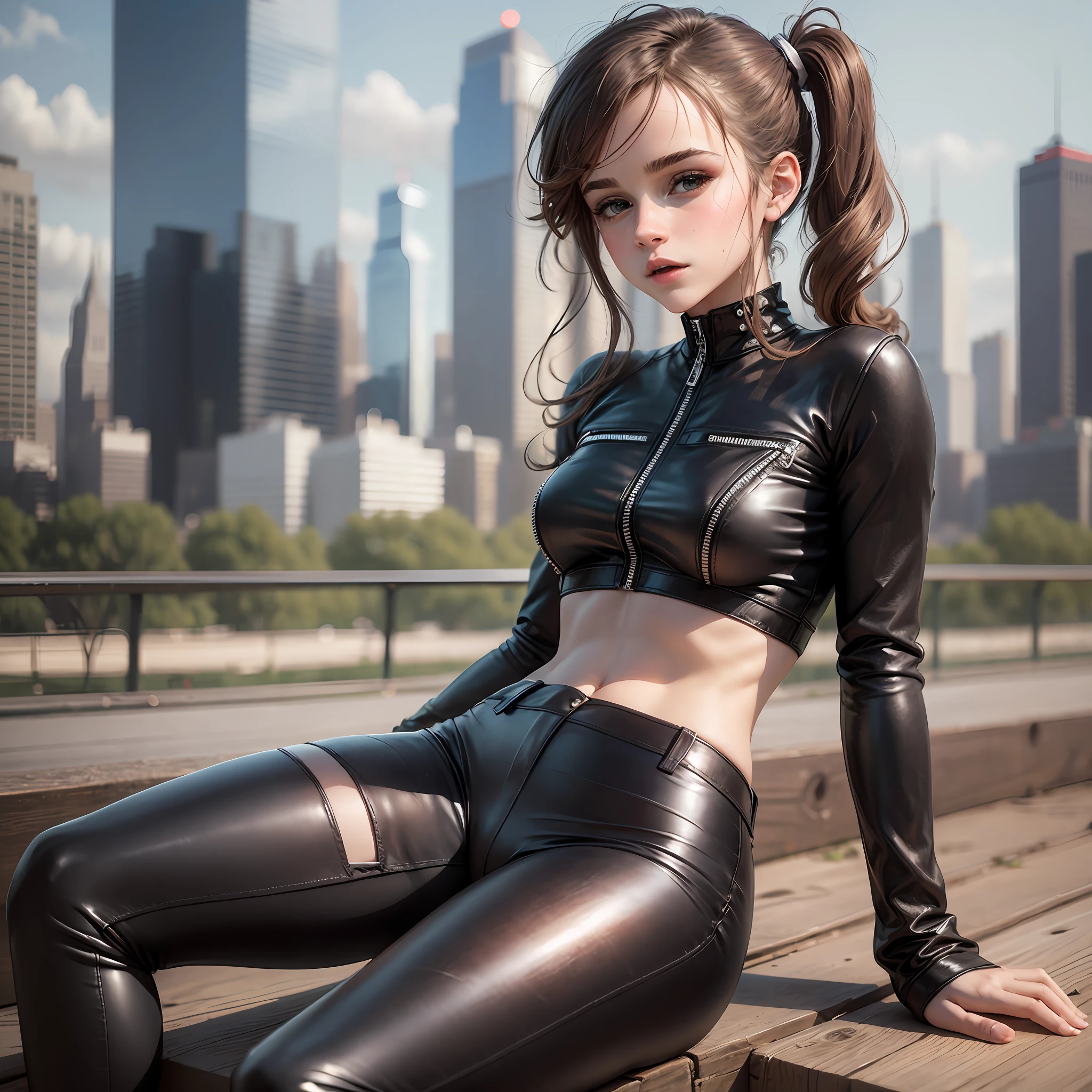 teen emma watson as a sexy girl sitting on a fence. tight intricate leather pants. crop top. slender body. pigtails. street. day. background skyline. legs open.