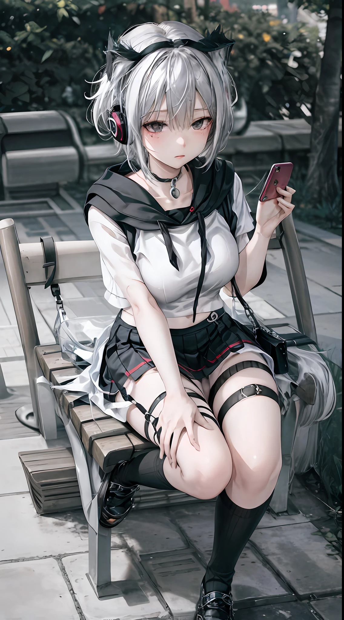 1 beautiful tomboy girl with big breasts, Ted white hair,side hair Ted black open hoodie, black tank top,white long pants, black short skirt, black short stocking, sleep in park bench,hand hold a smartphone, headphone,full body,background on park,