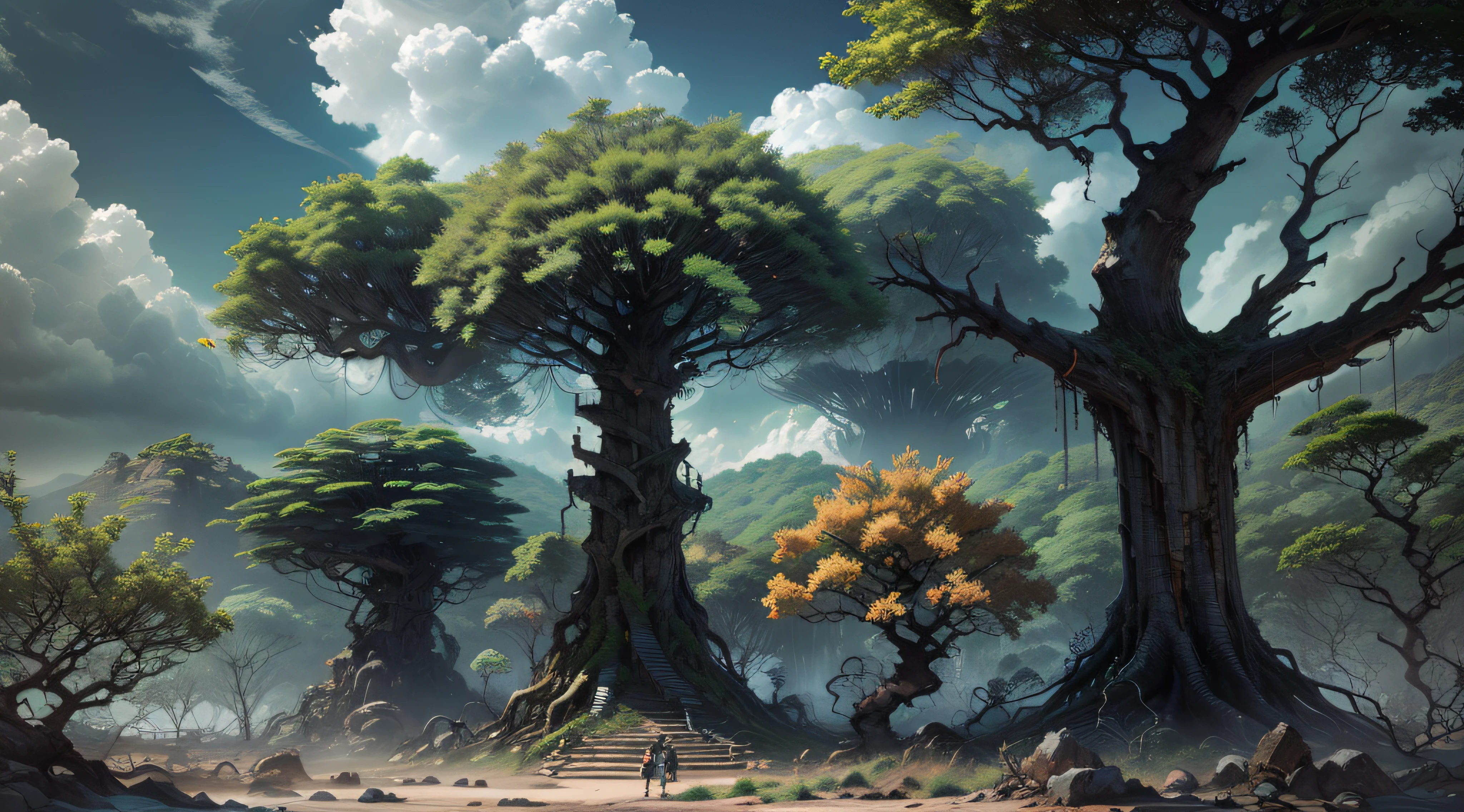 Beautiful forest with colorful trees and giants with roots samples, palmeiras, coqueiros, montanhas gigantes com arquiteturas em ruinas, sky with clouds, sol, lua, alien planets, cachoeiras enormes com rio reluzente, cabanas detalhadas, moinho, (8k), foto realista,