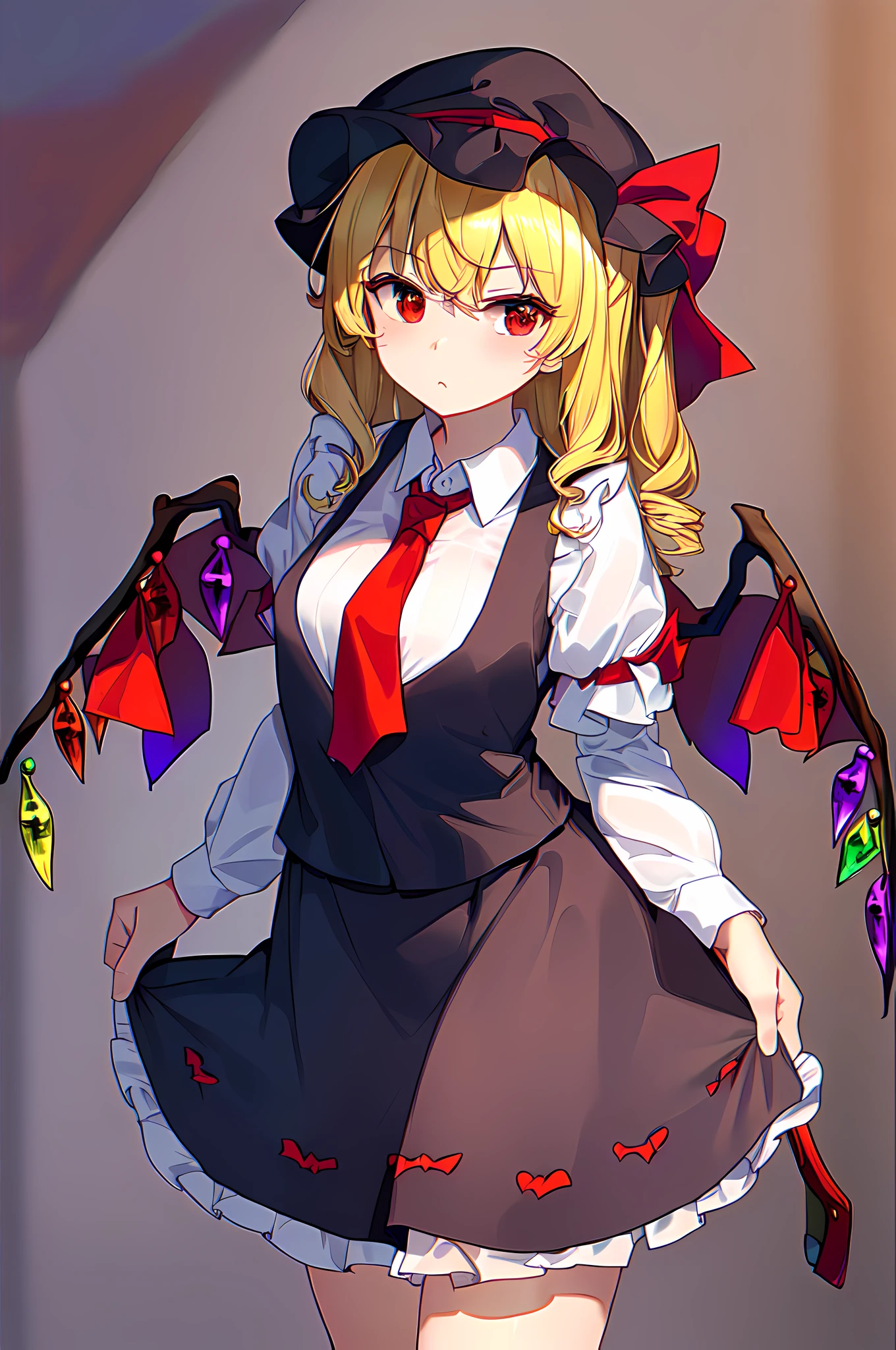 2girls_A_and_B,A girl_have_(koakuma:1.3)_touhou_vest_black skirt_long skirt_red necktie_white shirt_bat wings,B girl_have_(flandre scarlet:1.3)_zun hat,detailed eyes,perfect eyes