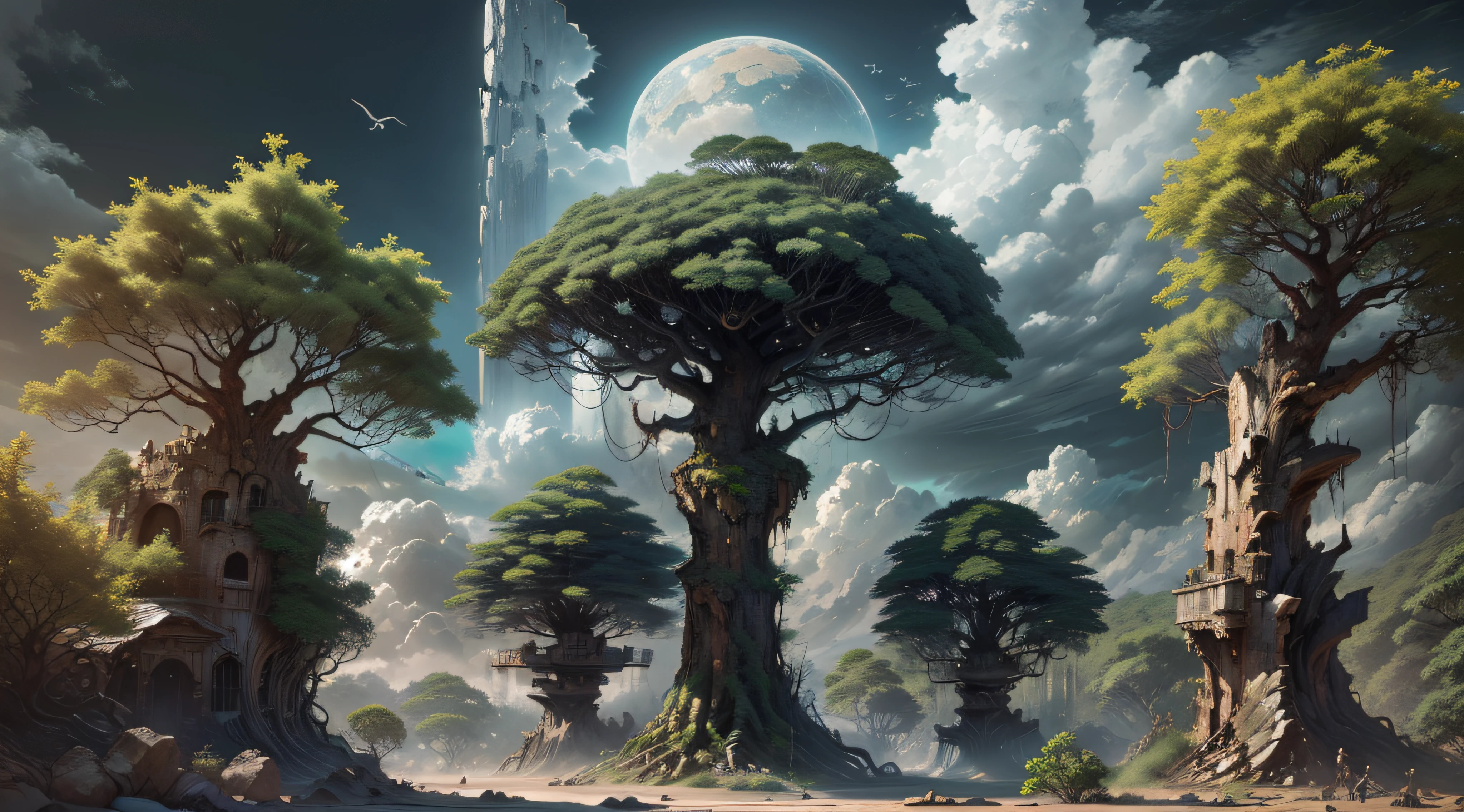 Beautiful forest with colorful trees and giants with roots samples, palmeiras, coqueiros, montanhas gigantes com arquiteturas em ruinas, sky with clouds, sol, lua, alien planets, cachoeiras enormes com rio reluzente, cabanas detalhadas, moinho, (8k), foto realista,
