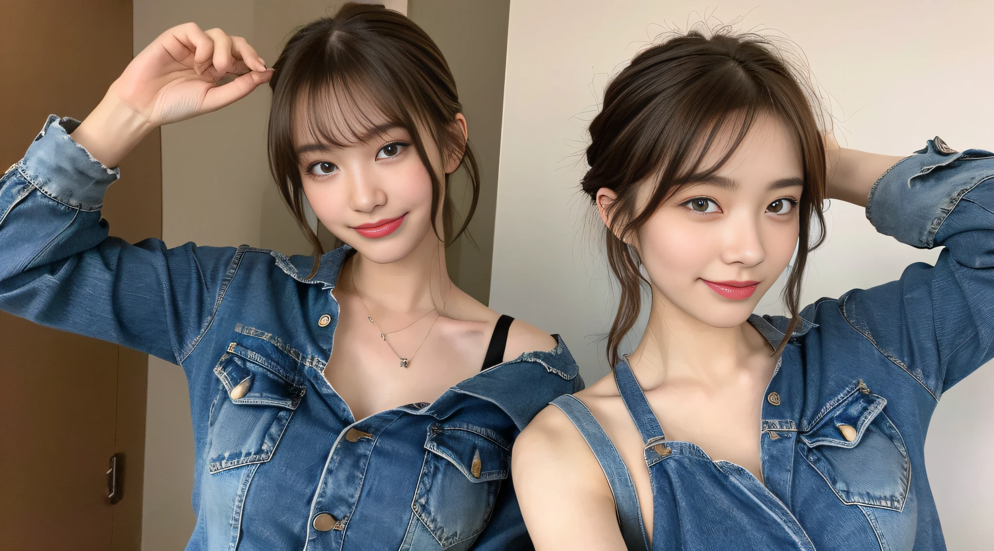 ((Best Picture Quality, 8k, tmasterpiece:1.3)), 1girl, Beautiful woman with slender abs:1.3, (Casual hairstyle,F-cup:1.2), Denim suspenders:1.1, Ultra-fine face, A detailed eye, 二重まぶた,ssmile,