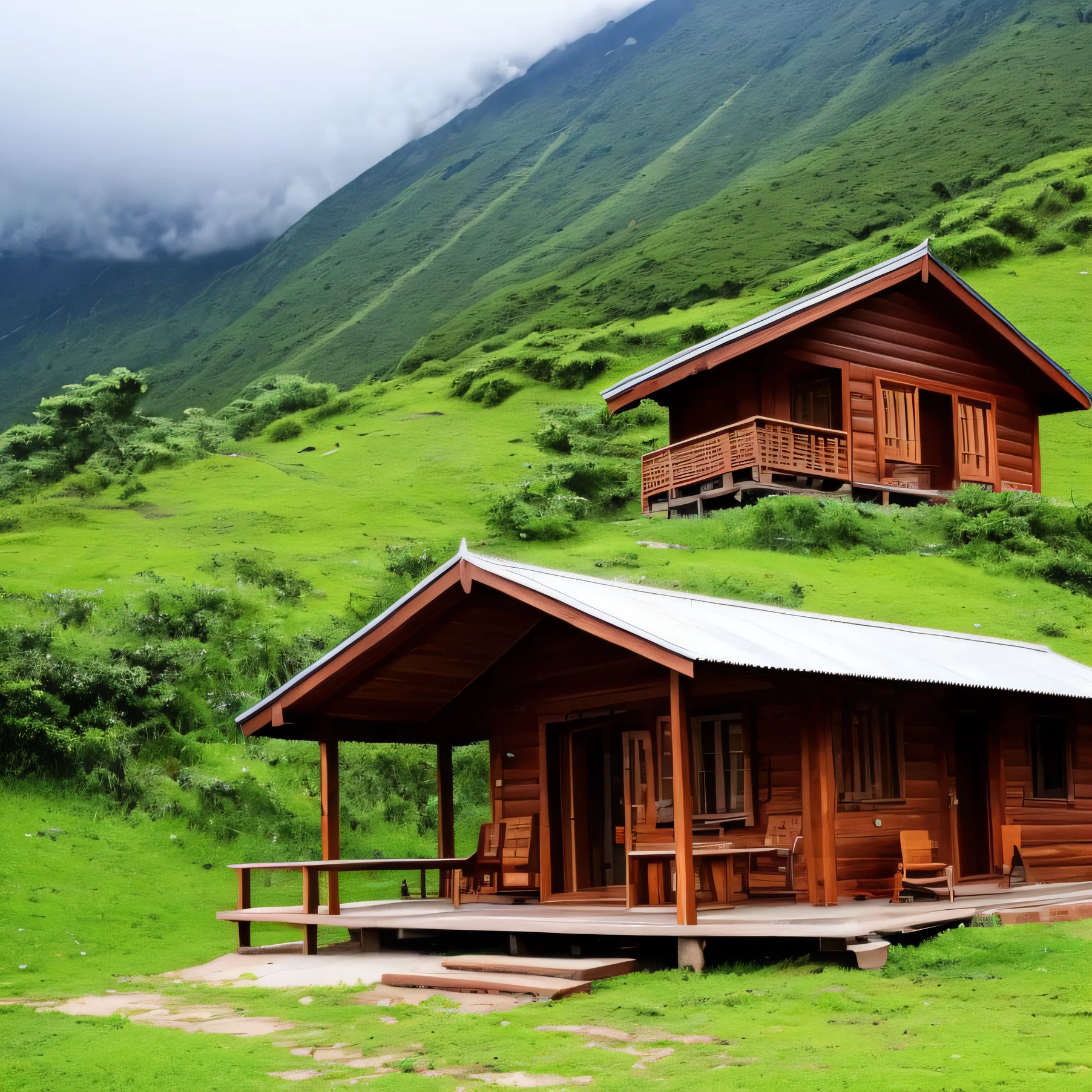 In the mountains，surrounded by cloud，There is a small wooden house in the middle where cooking is hot，The feeling of rain next to it --auto