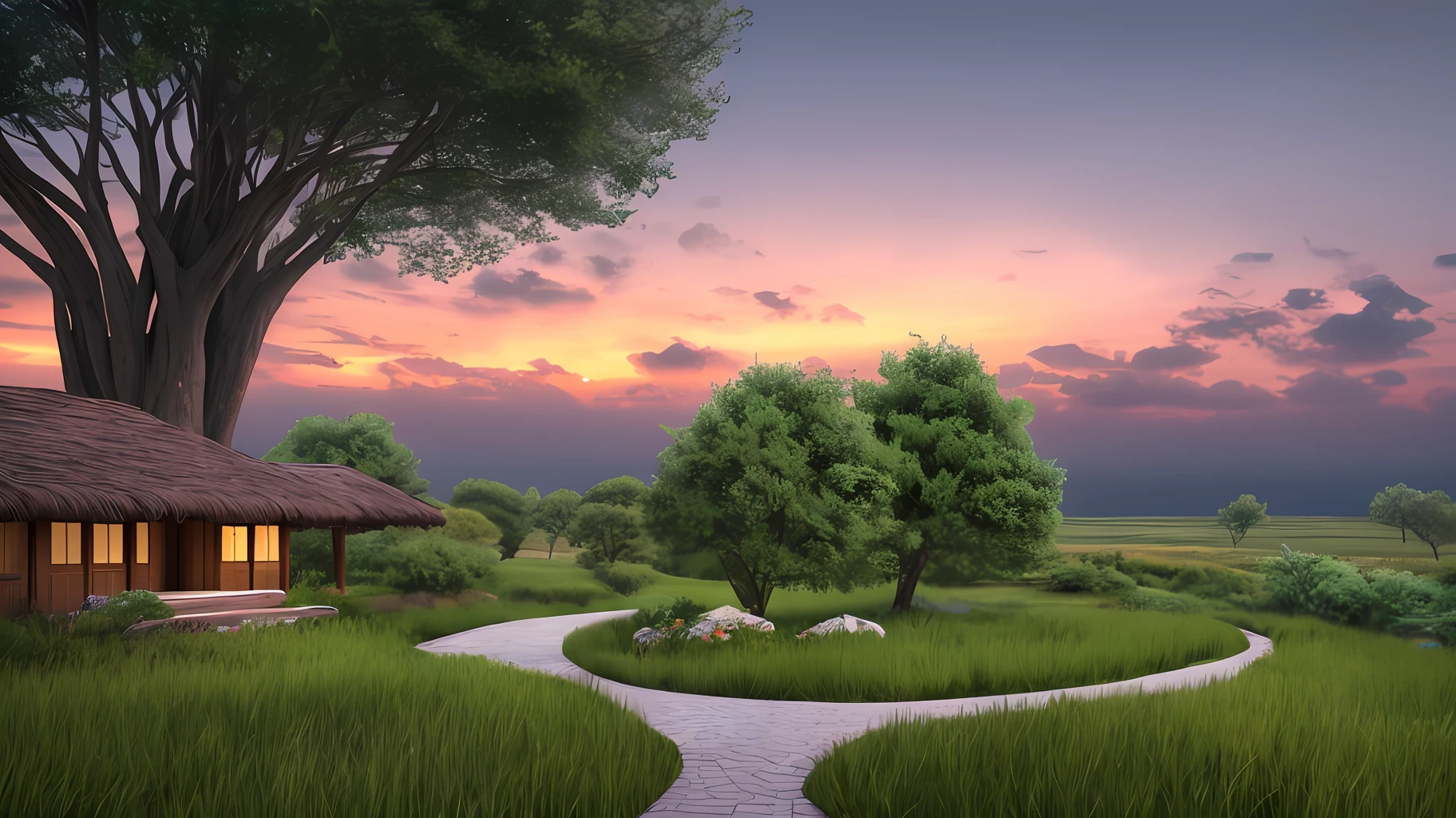 A serene place, very pleasant, beautiful, calm and beautifully landscaped. photorealistic, 8k uhd, studio quality, ultra realistic, maximum detail, large scale, postprocessing, photorealistic, photorealistic, photoshop, photography, detailed, cinematic lighting, landscape, panorama, scenery, ray tracing, cinema4d