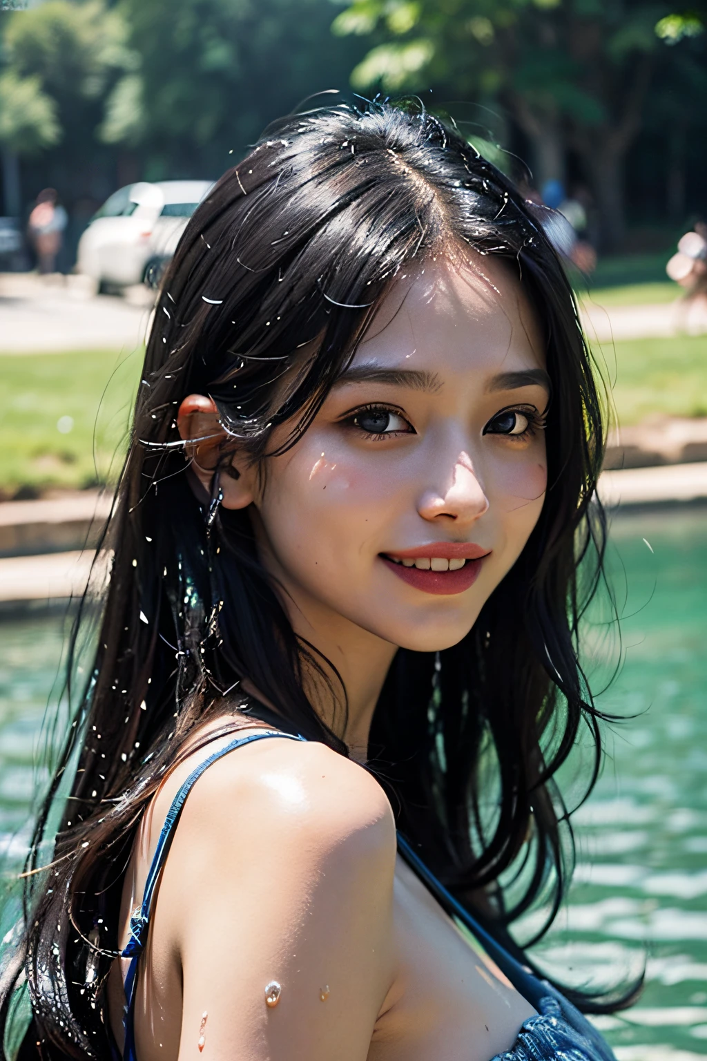 (in 8K、 Raw photography、top-quality,、hight resolution),、(hyper realisitic)、(realisitic),、Soft light、、girl with、Lifelike face、Realistic body、real looking skin、absurderes、masterpiece、Cuties、独奏、Innocent eyes、blusher、Cinema Lights、cherry colored lips、The hair 、a closeup、looking at viewert、 Open lips,、Upper teeth,、(Smiling eyes:0.6)、eyes focus、professionally lit、CG Social Trends、Plastic En、((Black Long Hair))、((Beautuful Women))、(A smile)、Fashionable、(A sexy)、Hair that flutters in the wind、((Flowing hair))、Happy -、fashion magazine、((lighting like a movie))、the woods、((blue-sky))、((playing in the water))、((wetting hair))、((sodden))、Glitter、