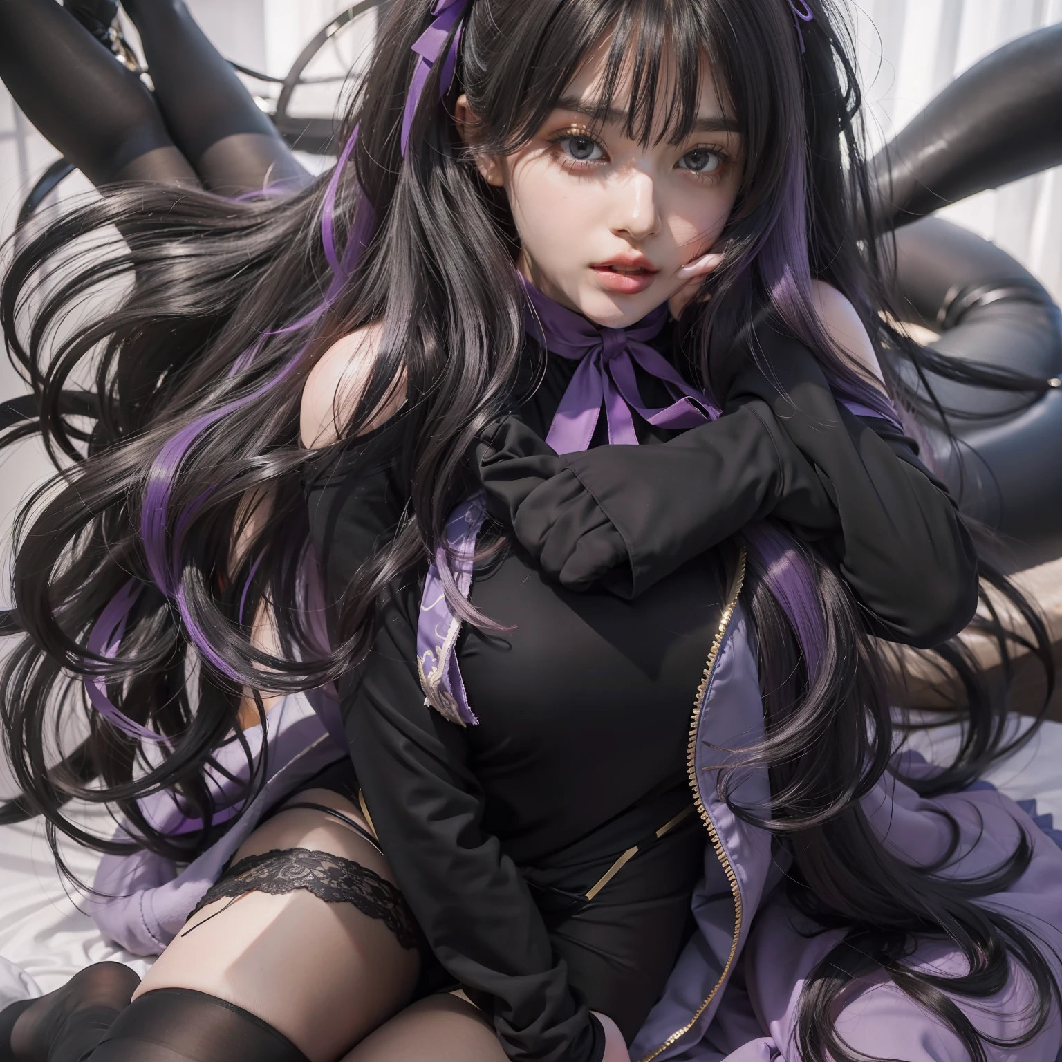 full bodyesbian, Long-haired beauty in black tights, Wearing black stockings, hair over shoulders, Messy hair, ribbon, Purple eyes, Lick lip, back lit lighting, hyper HD