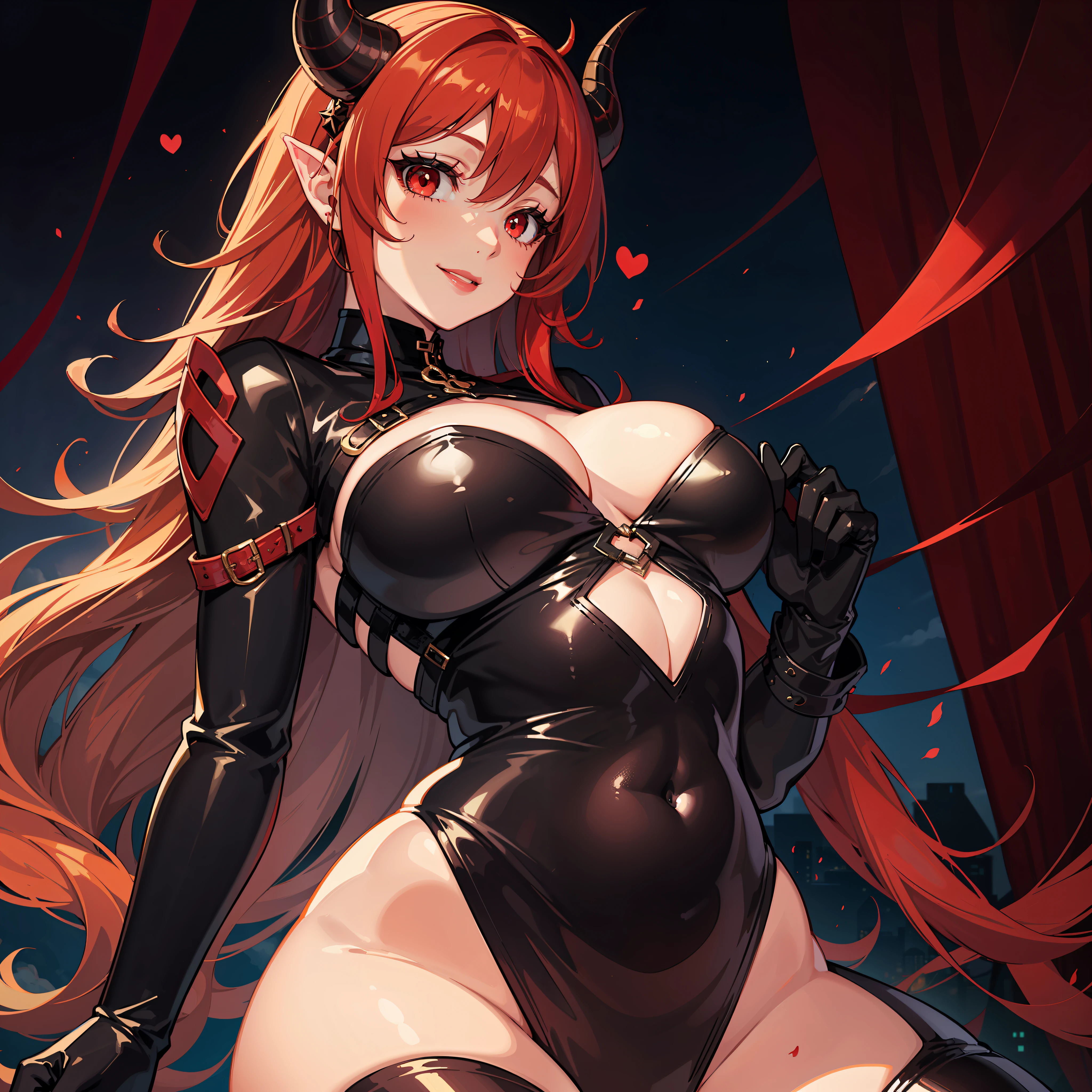 1girl, demoness, red horns, red eyes, black|red hair, plump lips, seductive smile, black bodysuit, red wings, big breasts, big hips