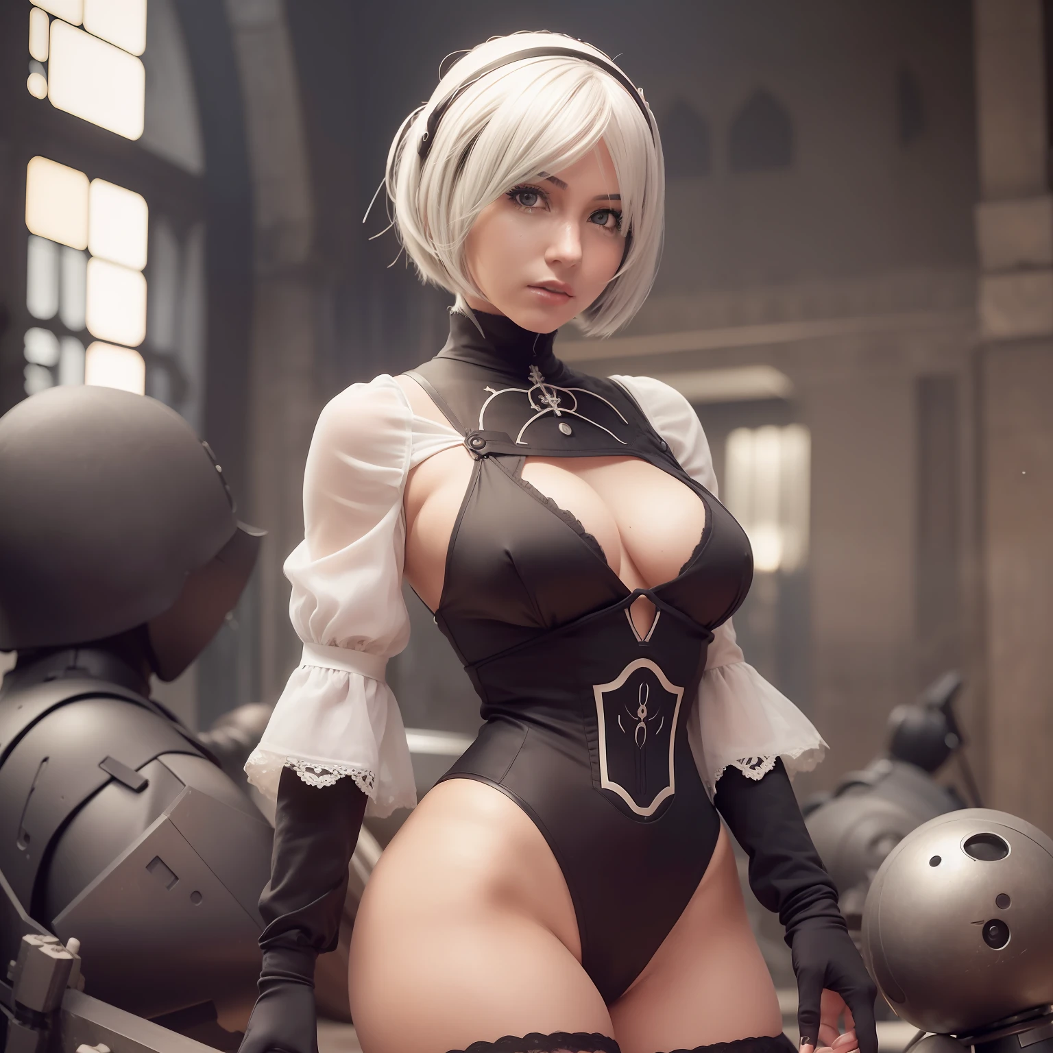 (((2b of Nier the automata ))) (((pecho grande)))senos grandes, cuerpo perfecto, pose caliente,Retrato de cuerpo entero ,Como estilo de renderizado de motor irreal, esthetic, Sorprendentemente hermoso momento sincero,(((una chica full))) body vintage aesthetic, cuerpo completo,en el fondo se ven robots destruidos ,35mm film feel, 16k, lumen –ar 9:16 –v 5.1 –q 2 –c 6 –raw ,Big style, muslos torneados usa su ropa ajustada