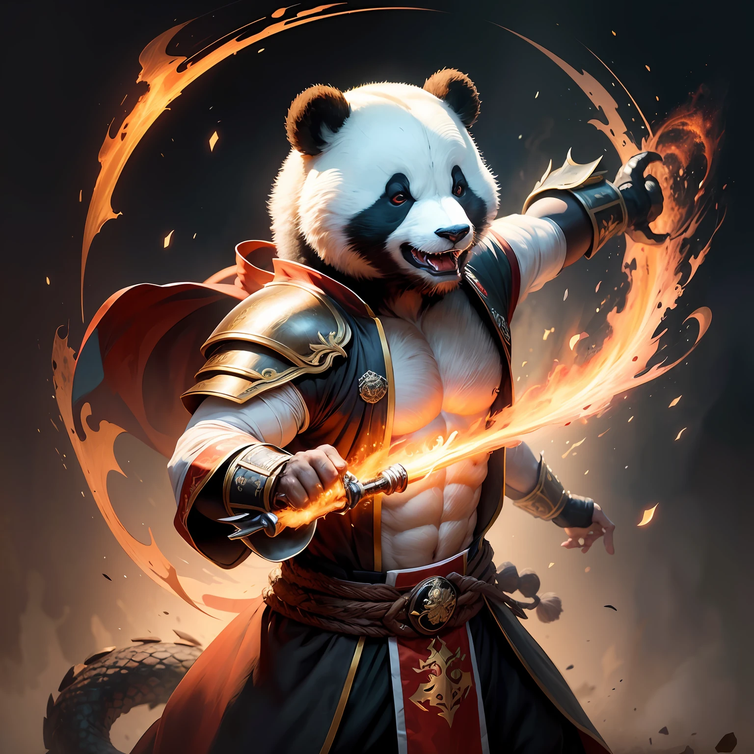 Best Quality, Masterpiece, Ultra High Resolution，high detail, UHD, super detail, masterpiece, award winning，panda，handheldweapons，armour，preparing to fight，Martial artist，dynamicposes，Fighting posture，Wristbands，Dragon Theme Costume，Monk's robe，dynamic compositions，Hanfu，musculature，The body is huge --auto