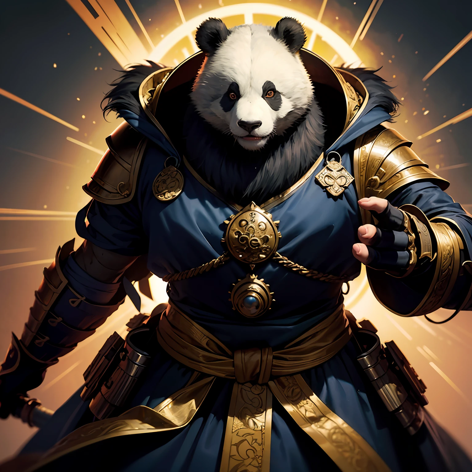 panda, high detail, chiaroscuro, cinematic lighting, UHD, super detail, masterpiece, award winning,handheldweapons,armour,preparing to fight,Martial artist,dynamicposes,Fighting posture,Wristbands,Dragon Theme Costume,Monk's robe --auto