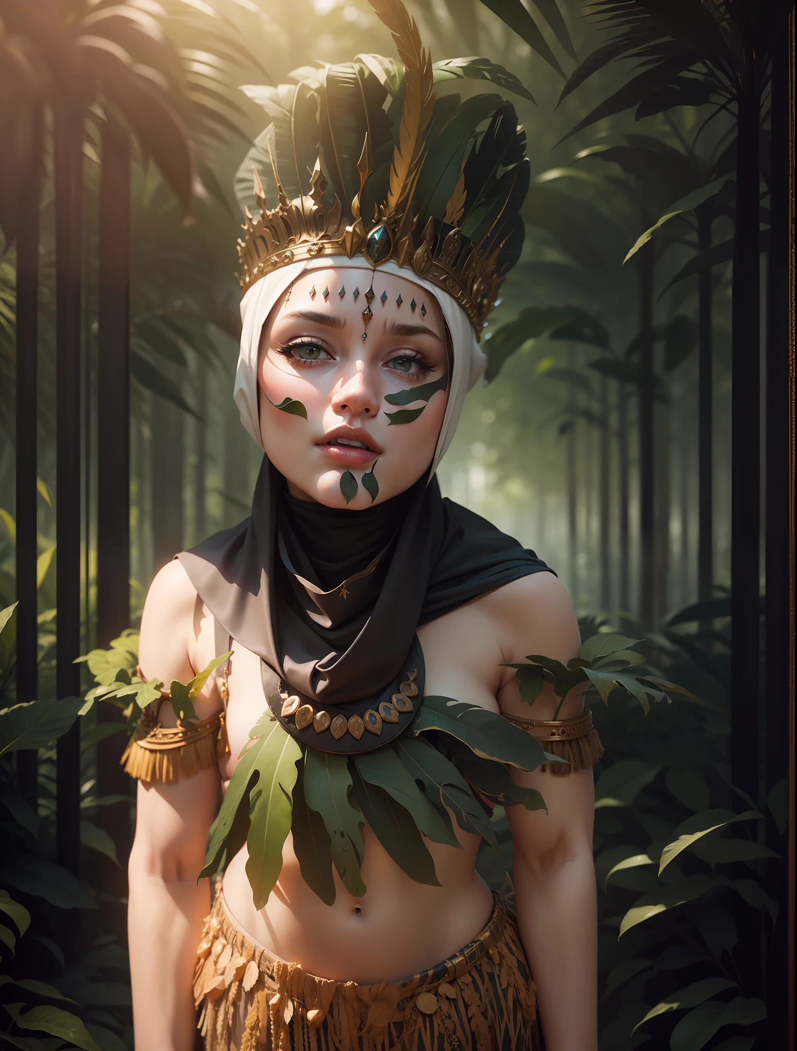 make a very beautiful queen, tough, jungle kingdom background and troops, fhd blur, blurred background, fantasy, photography, portrait, ultrarealistic, hyper realistic, hyper detail, 4k, 8k