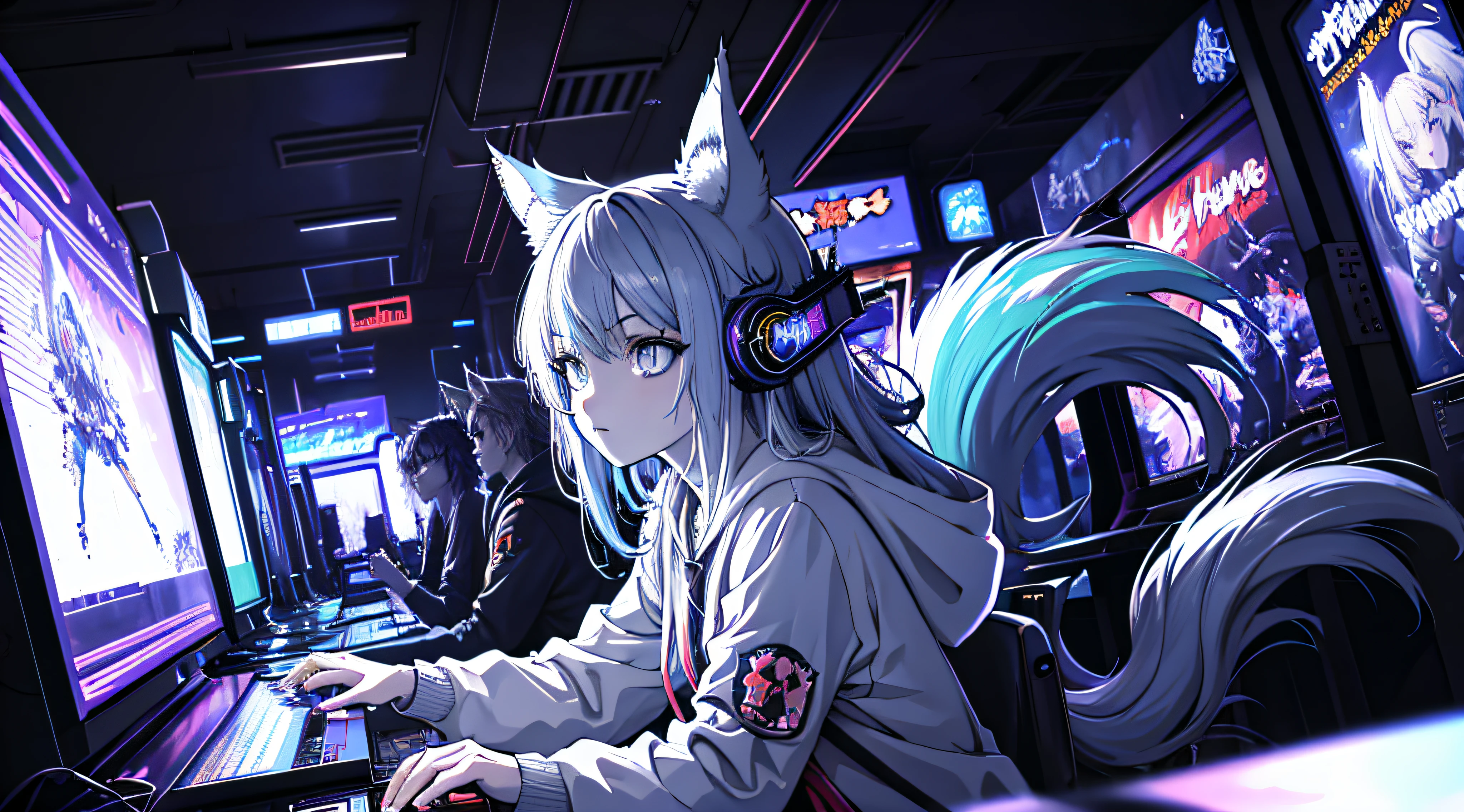 anime style environmental wide shot of a chaotic arcade at night playing an arcade game; woman with long white messy hair, wolf ears, wolf tail, human head, hoodie, tie, blue eyes; by Hajime Sorayama, Greg Tocchini, Virgil Finlay, sci-fi, line art, Environmental arcade ar