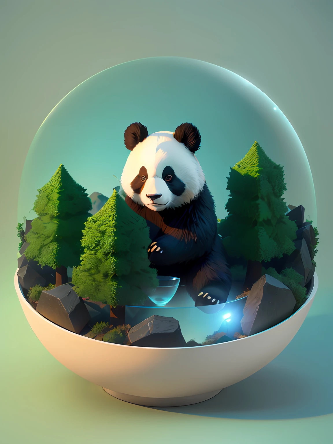 Arapi sits on a stone in a glass bowl,There are trees, cute 3 d render, 3 d low poly render, 3d low poly render, low poly 3 d render, low poly render, low poly 3 d, trend on behance 3d art, trend on behance 3 d art, Rendered in Cinema4D, rendered in cinema 4 d, The panda was happy,Panda eye details