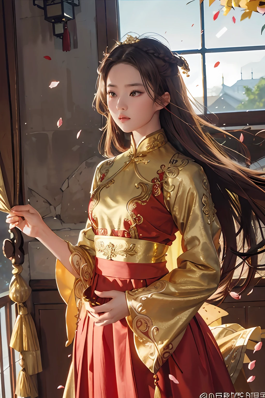 best quality, masterpiece, highres, (exquisite body:1.5),gorgeous face,(milky skin:1.3),intricate details,high resolution,wallpaper,
1girl, solo, dress, hair ornament, (((gold and red dress))), flowers, long hair, brown hair, closed mouth, jewelry, long sleeves, hand up, wide sleeves, big eyes,floating hair, chinese clothes, hanfu, embroidery, long skirt, natural pose, falling petals, indoor,fanning, lantern,
16K,HDR,highres,depth field,(film grain:1.1),boken,golden hour,(lens flare),vignette,rainbowing,(color grading:1.5)