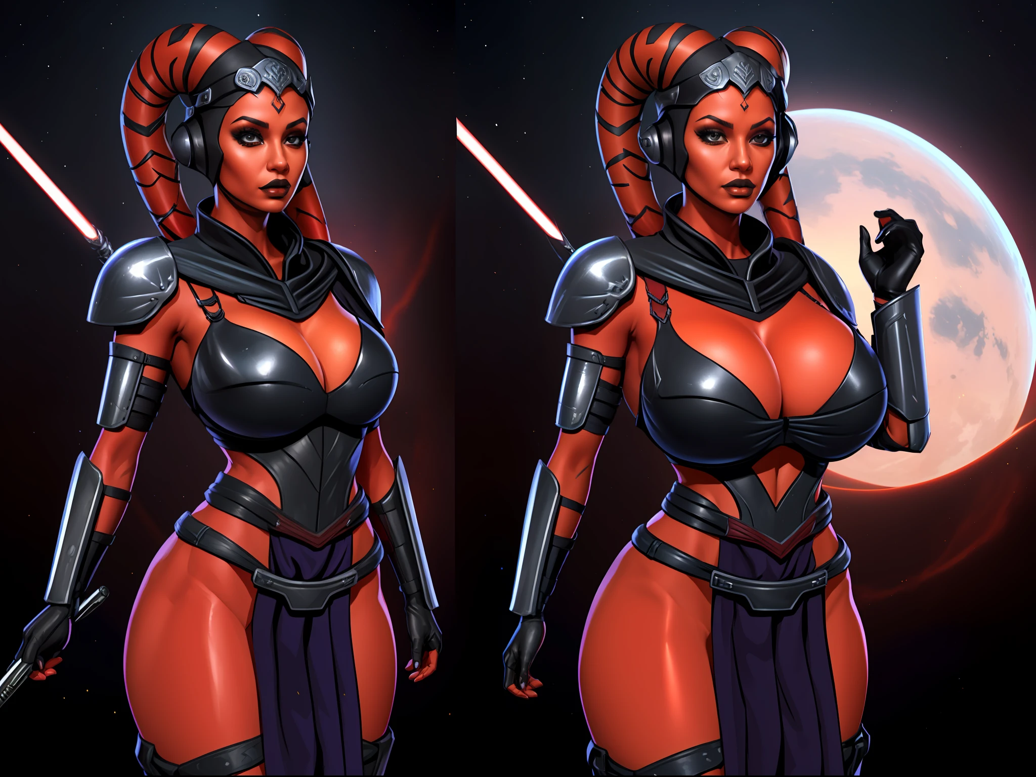 sequential art, multiple views, masterpiece, best quality, armor, busty, massive tits, gigantic boobs, huge cleavage, ((red skin), twi'lek), dual red lightsabers, evil space knight, space ninja, (wearing heavy black armor, robes, black stealth armor, hip armor, breastplate, tunic, tabard, cowl, cloak, body glove, straps, buckles, skirts, long sleeves, fantasy, ((armor))), ((busty), slender body, thin, slim sexy body, slim waist, (((gigantic breasts)))), Imperial starship, Star Wars, breast expansion