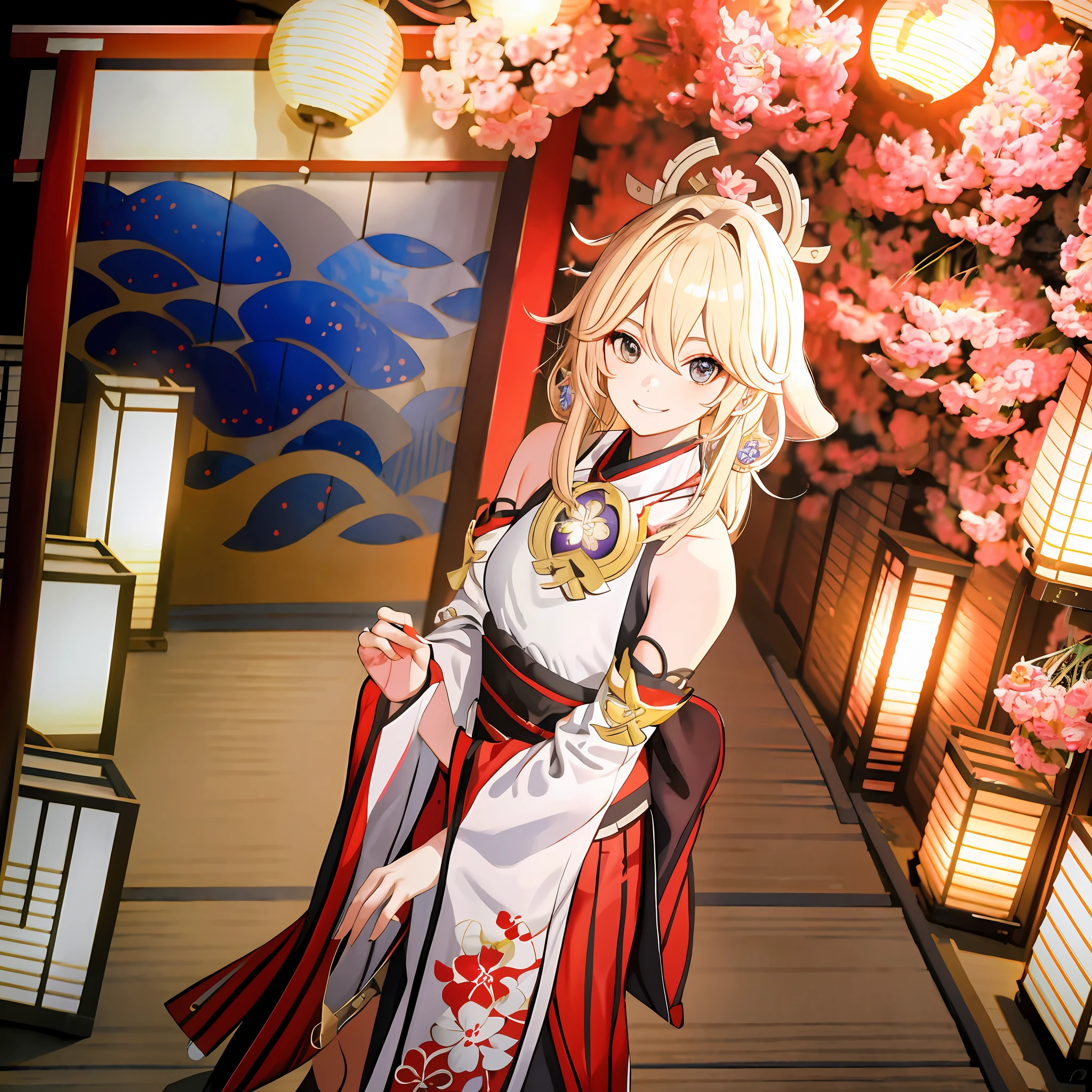 best quality, masterpiece
1girl, (origen), blonde hair, cowboy shot, jewelry, Necklace, earrings, detailed face, face focus, (looking at viewer), smile, wariza,
fireworks, depth of field, torii, lantern light, east asian architecture,