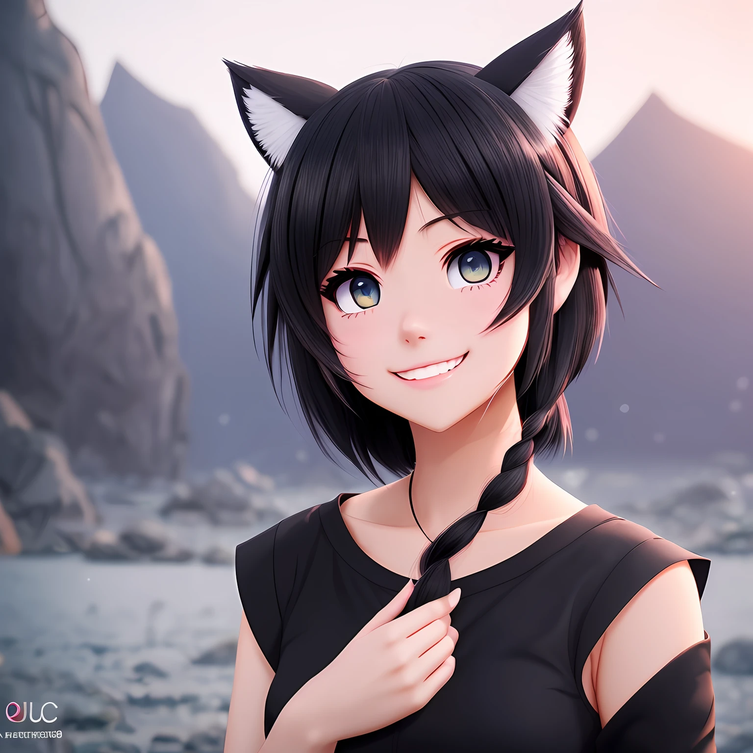 black hair, hair bobbles, wince, longeyelashes, solid circle eyes, fake animal ears, light smile, ear blush, fang, drop shadow, anaglyph, tachi-e, atmospheric perspective, 8k, super detail, ccurate, best quality --auto