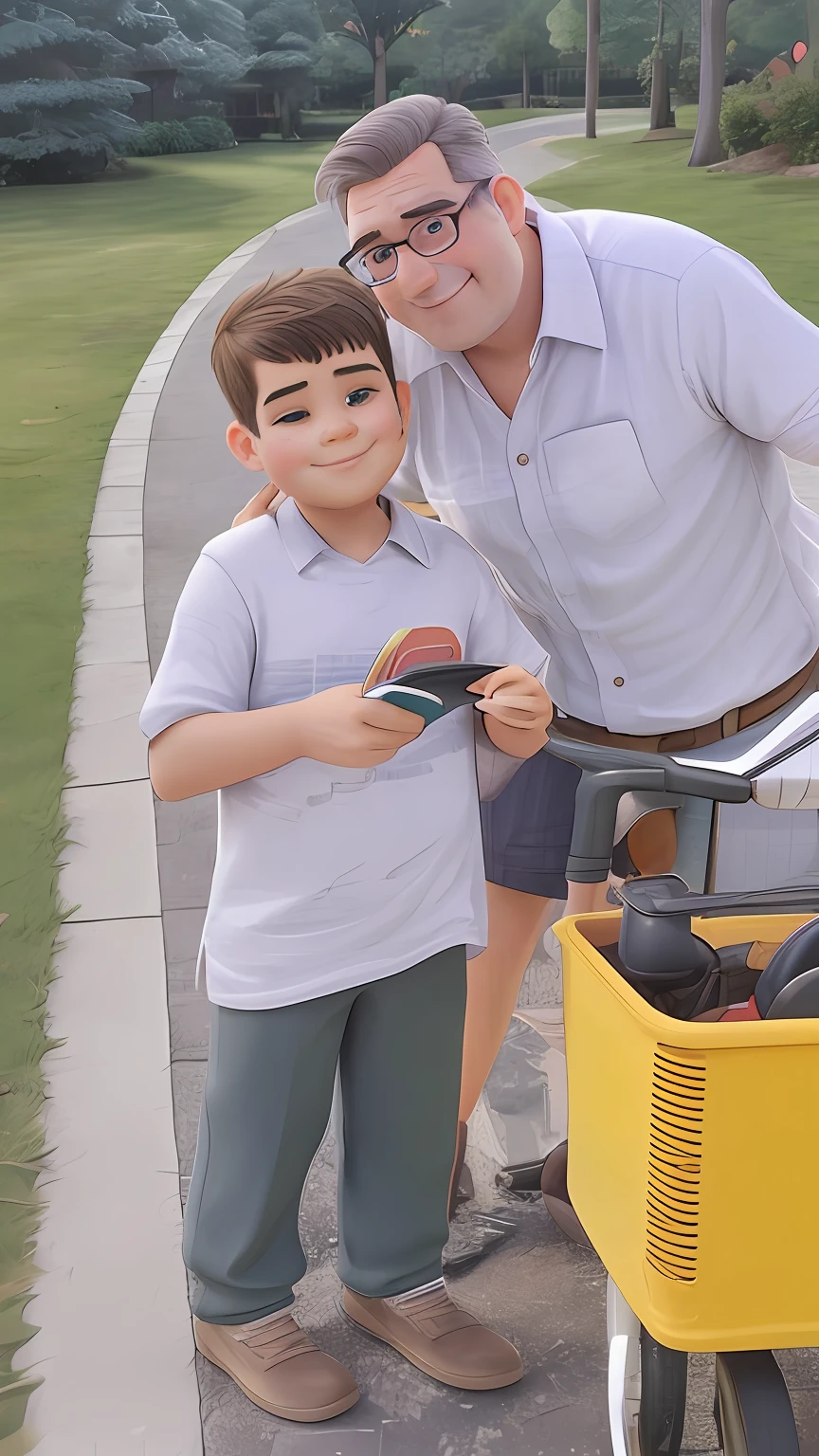 a 9 years old, fat face, buzz cut, Squinting, smile