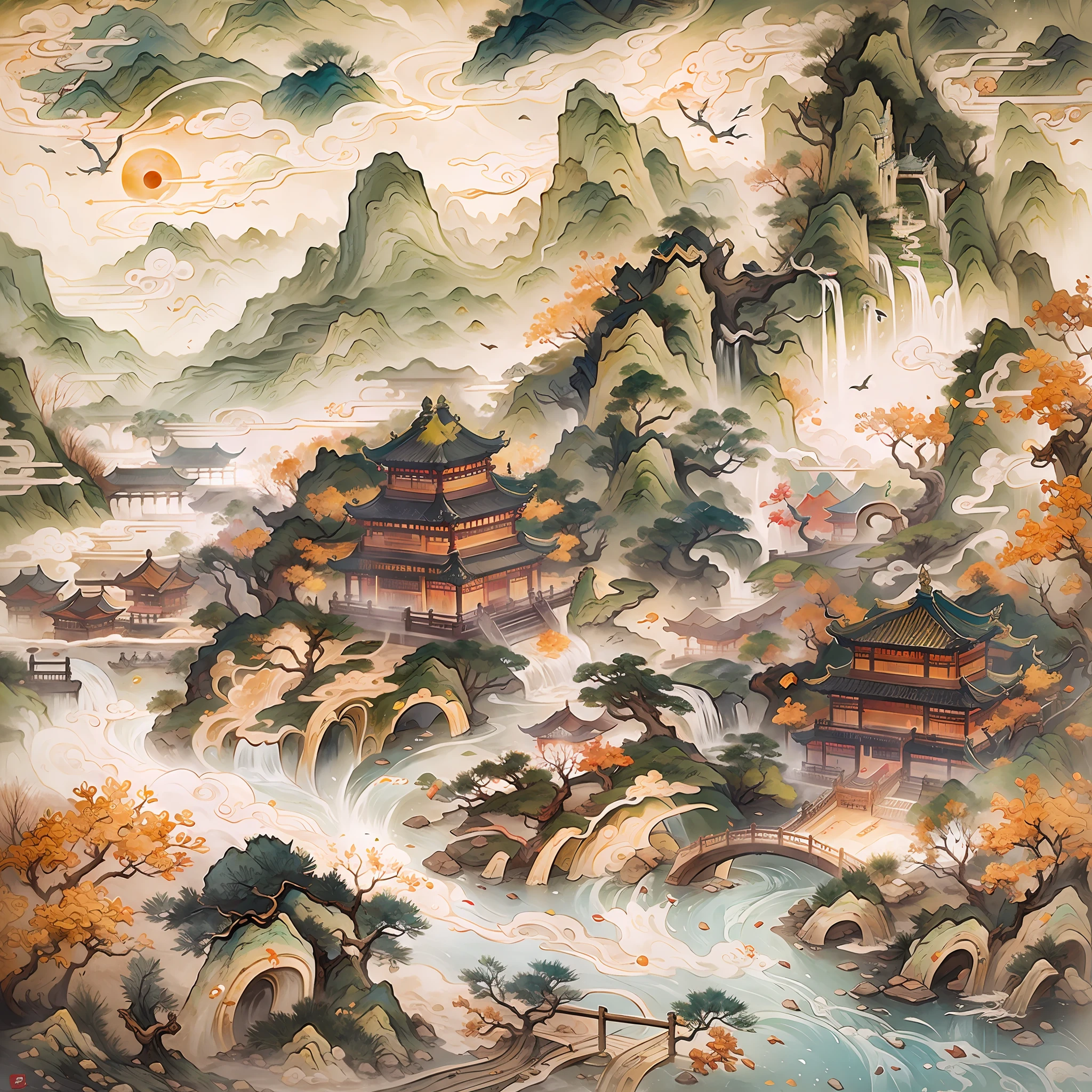 An ancient Chinese painting, ancient Chinese background, mountains, rivers, auspicious clouds, pavilions, sunshine, masterpieces, super detail, epic composition, ultra HD, high quality, extremely detailed, official art, unified 8k wallpaper, Super detail, 32k -- v 6