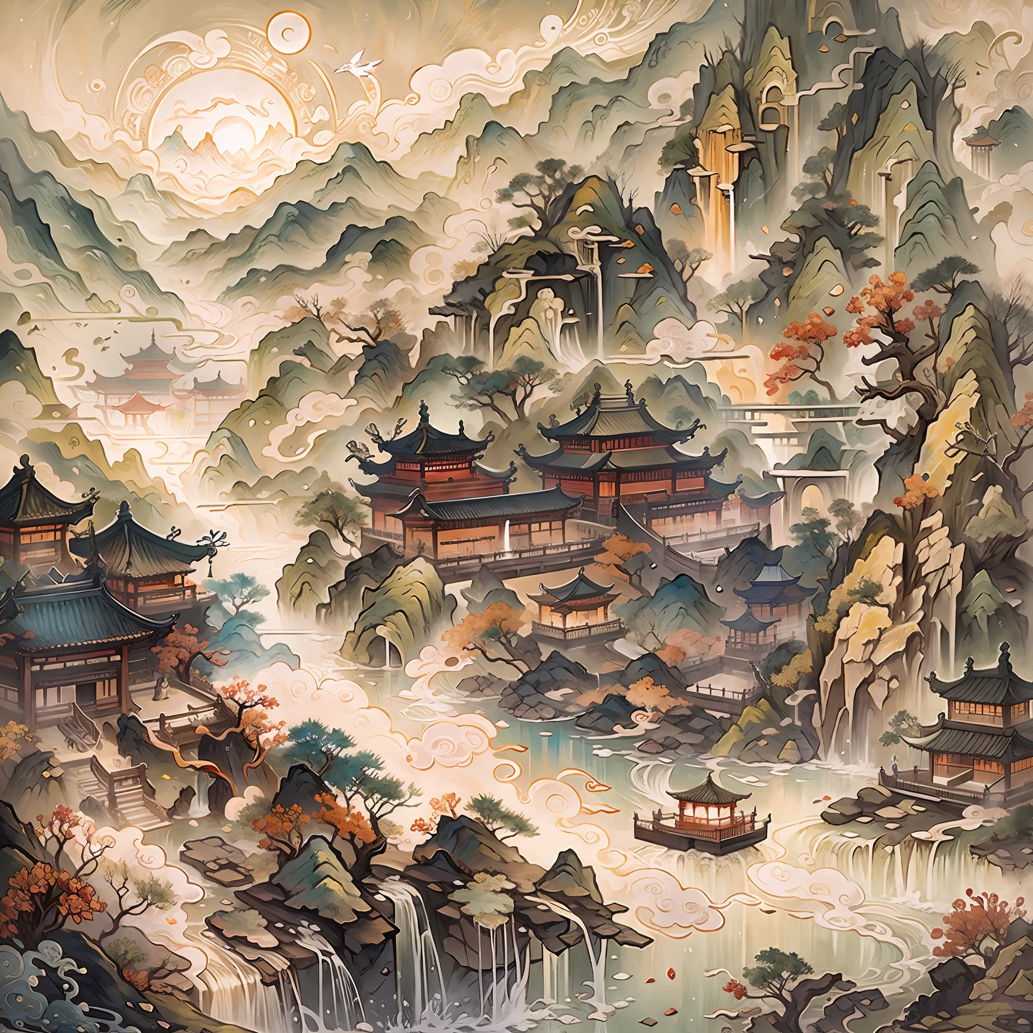 An ancient Chinese painting, ancient Chinese background, mountains, rivers, auspicious clouds, pavilions, sunshine, masterpieces, super detail, epic composition, ultra HD, high quality, extremely detailed, official art, unified 8k wallpaper, Super detail, 32k -- v 6