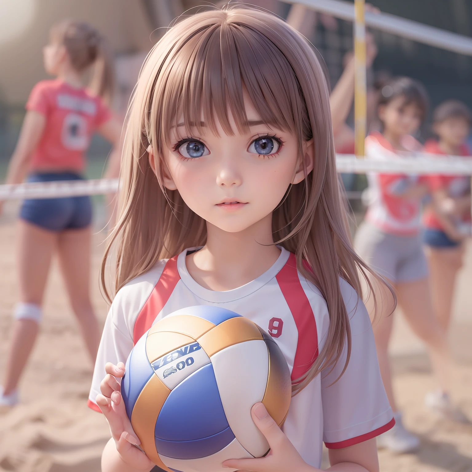 ((9year old girl:1.5)), complete anatomy, children's body, child, super cute, girl, little girl, random poses,An angle that captures the whole body,,

woman posing for a photo,(wearing volley_uniform:1.3),
good hand,4k, high-res, masterpiece, best quality, head:1.3,((Hasselblad photography)), finely detailed skin, sharp focus, (cinematic lighting), collarbone,  soft lighting, dynamic angle, (((inside volleyball field))),,volley_uniform,
beach_volley,
inside beach volley field,
inside volley ball field,
holding_ball,

 beautiful girl, 1 girl, loli, petite girl, top quality, masterpiece, high eyes,drooping eyes,(realism: 1.2)), petite, bangs, tall eyes, natural light,(aquamarine eyes),bangs, beautiful girl with fine details, Beautiful and delicate eyes, Beautiful girl, detailed face, Beautiful eyes, beautiful shining body, 8K images,