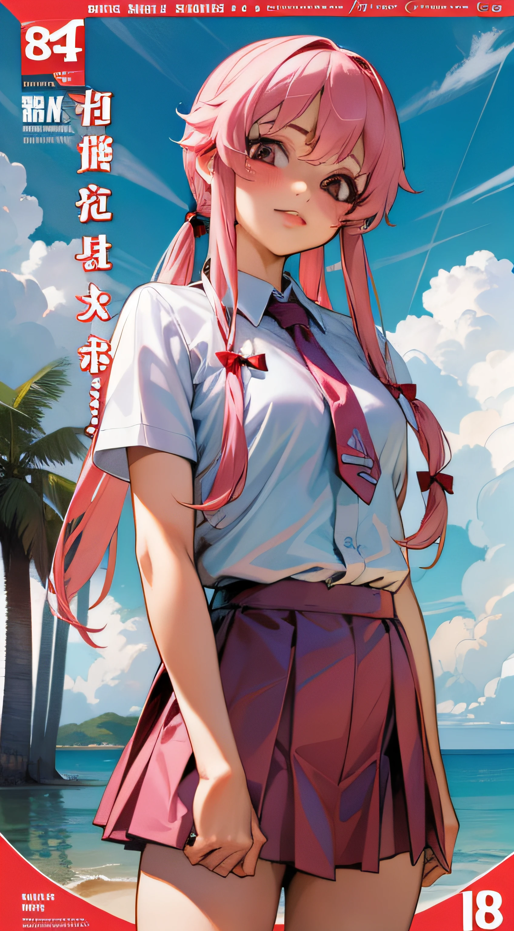 Gasai Yuno,校服,White shirt,Conservative,With a hint of life,red necktie,Ocean park,Comic cover style,Comic cover title,8K