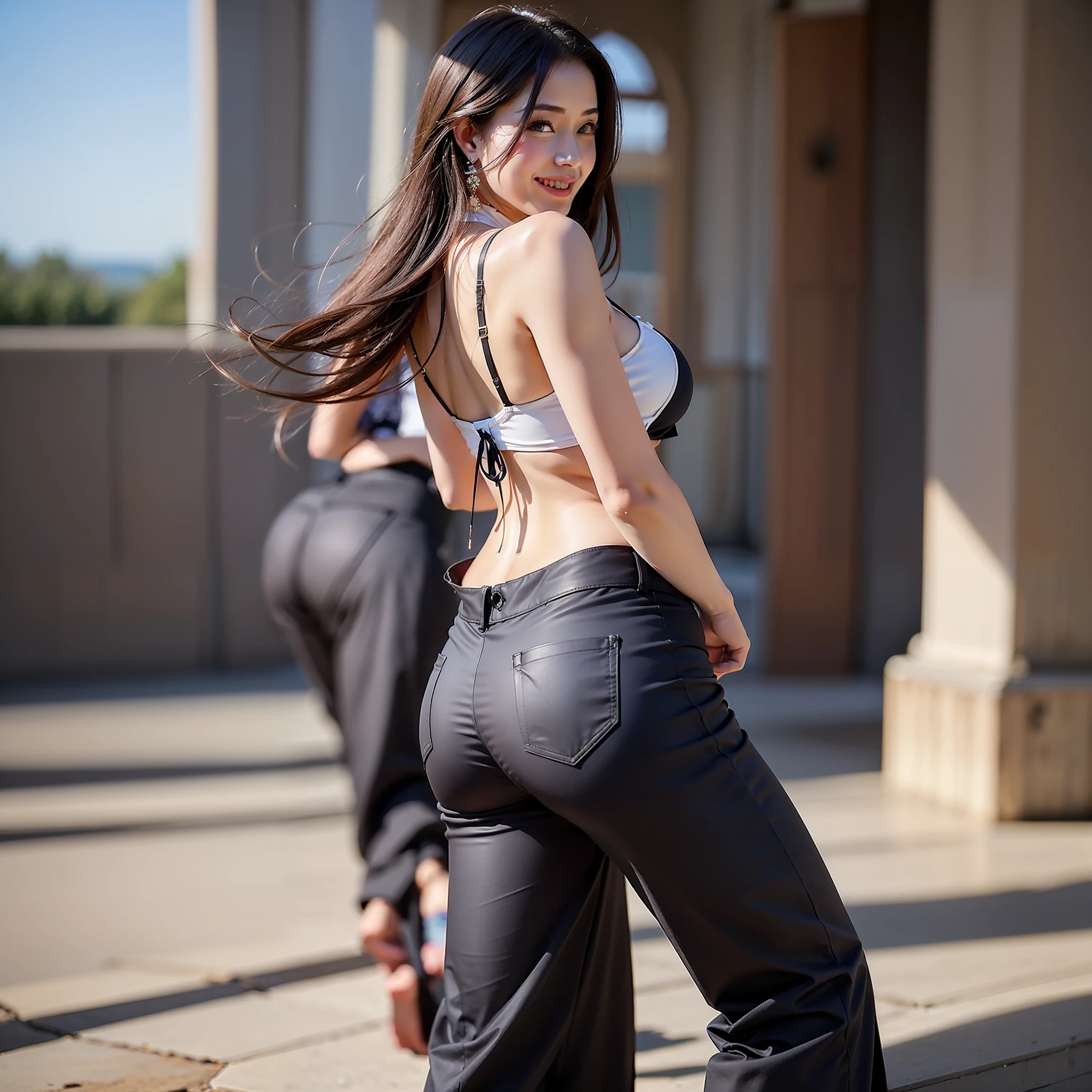 ((top-quality、8k、​masterpiece:1.3))、Beautiful Women in Perfect Style、affectionate smile、Wide pants、Gaucho Pants、Flared pants、pleatedskirt、formal pants、skinny pants、big breasts thin waist、abdominals、Sexy ass、slim legs、Rear view