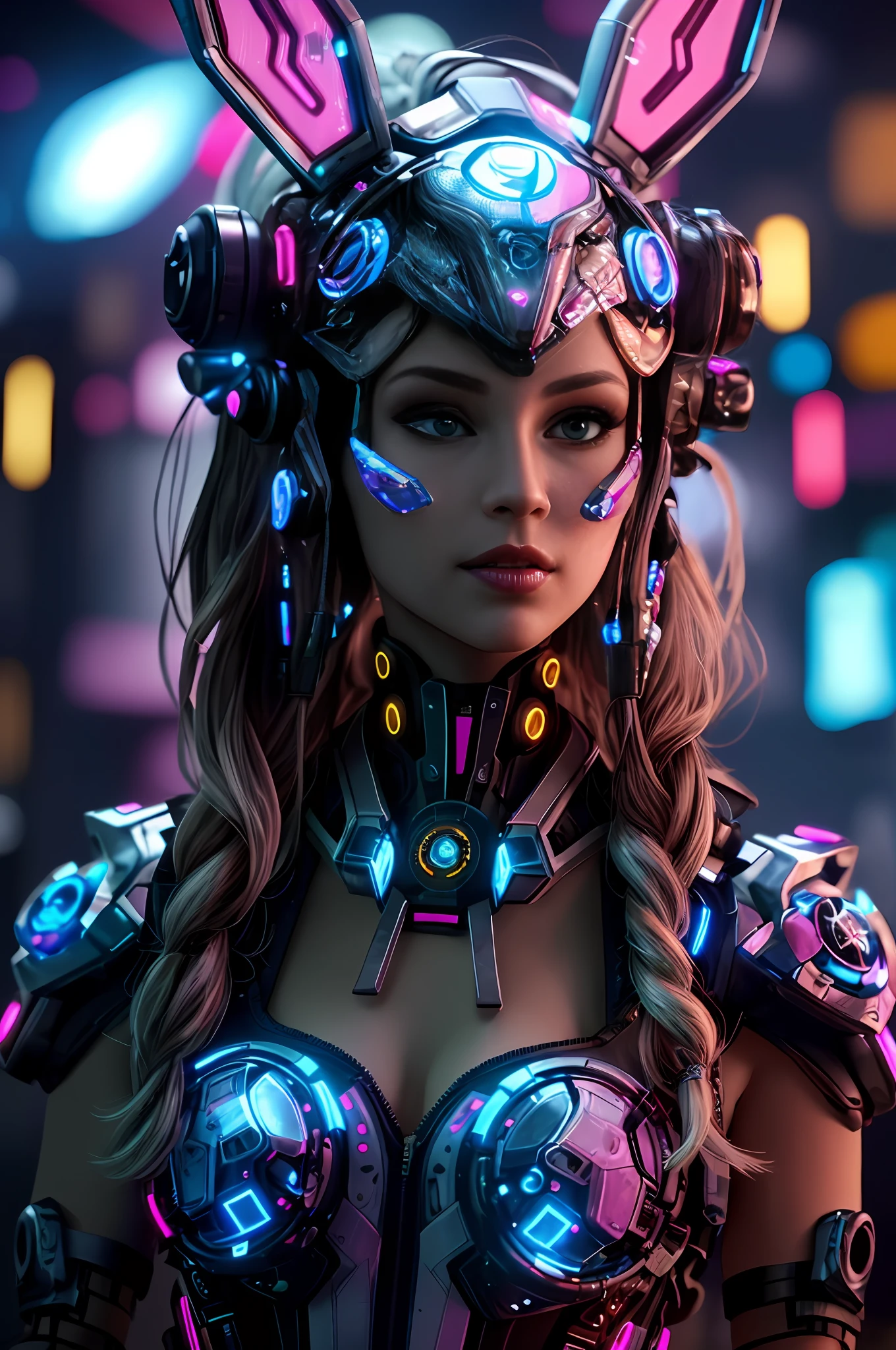a close up of a woman wearing a bunny costume with glowing ears, cute cyborg girl, beutiful girl cyborg, cyberpunk beautiful girl, cyberpunk art ultrarealistic 8k, cyborg girl, dreamy cyberpunk girl, 4k highly detailed digital art, cyberpunk robotic elvish queen, beautiful cyberpunk girl face, 3 d render character art 8 k, beautiful cyborg girl, alice in wonderland