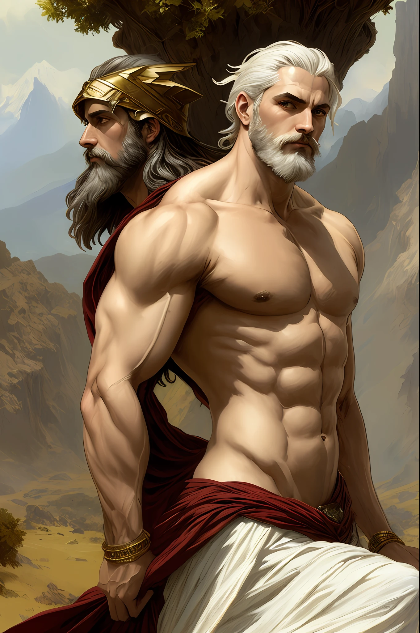 painted portrait of rugged zeus, god of thunder, greek god, on Mount Olympus, white hair, full body, mature, handsome, fantasy, intricate, elegant, highly detailed, digital painting, artstation, concept art, smooth, sharp focus, illustration, art by gaston bussiere and alphonse mucha