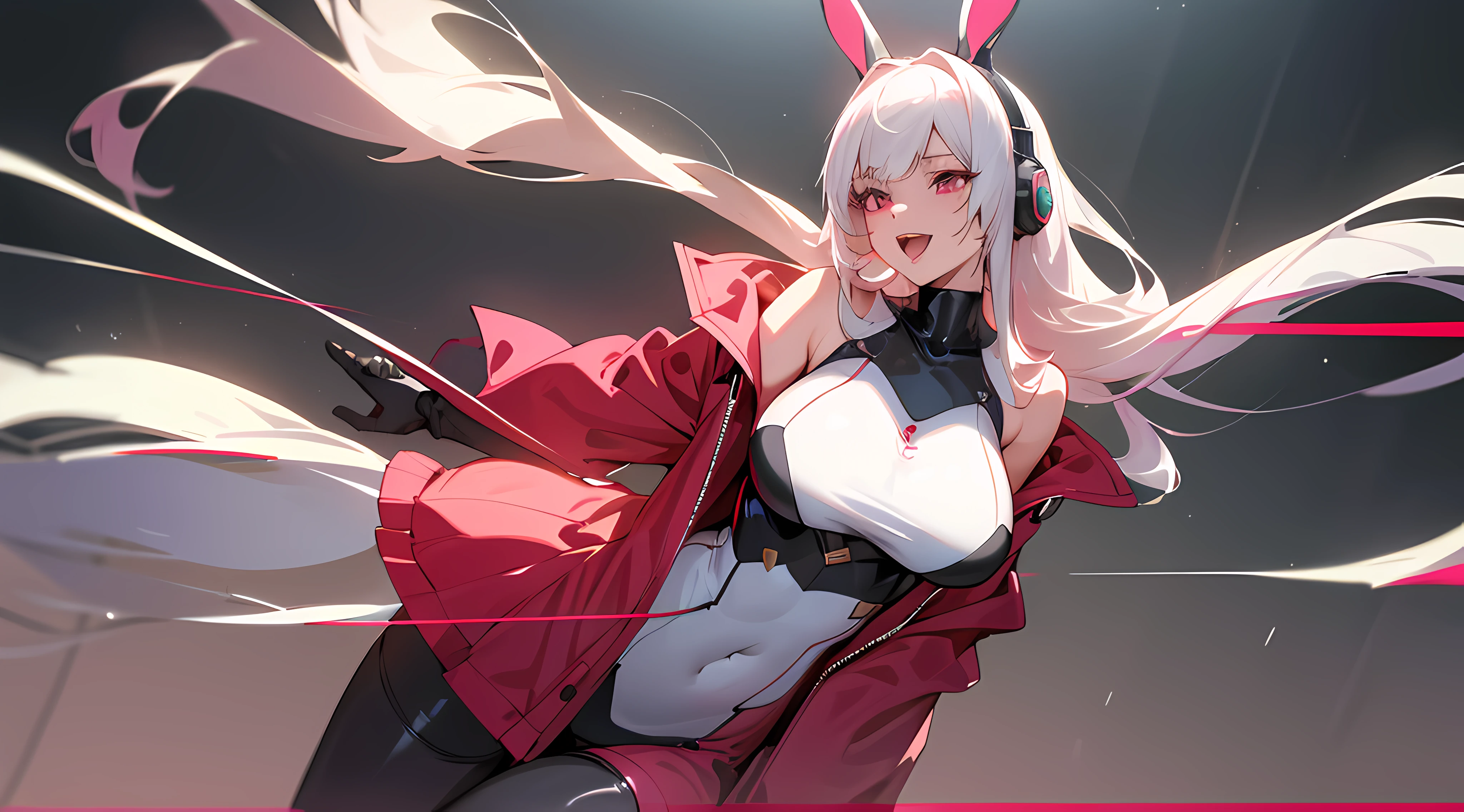 Thigh perspective，slender leg，Bottom-up，Black high heels，black lence stockings(RAW photo, Best quality, Mastery:1.2), (Realistic, photo-realistic:1.4),(Masterpiece:1.4),(Best quality:1.4),1girll, Solo, :D, Ear headphones, beast ear, Arms up，By bangs，Be red in the face，Tights，nedium breasts，rabbit pose，Clothes writing，Cover the navel，cowboy lens，Cropped jacket，fakeanimalears，mitts，hair intakes，Earphone，impossible bodysuit，Impossible clothes，jaket，huge tit，latex，latex body suit，long whitr hair，longer sleeves，huge tit，Multicolored gloves，with her mouth open，Pink tights，Pink eyes，red color eyes，red blous，shinning clothes，shrugged shoulders\（The clothes ar\），side locks , tight-fitting, ssmile, Thigh crevices, upper legs, dual horsetail, Very long hair, whitegloves, White hair, Alice\(Nikke\),(Shiny skin), realisticlying,tmasterpiece，Best quality at best，1girll，Young girls，with brown eye，Drill hair，Light shades_face，shiny skins，（nice leg line：1.3），Big breasts Thin waist，gigantic cleavage breasts， sunder ， opera_house， ，depth of fields，，squatt，From the front，full bodyesbian