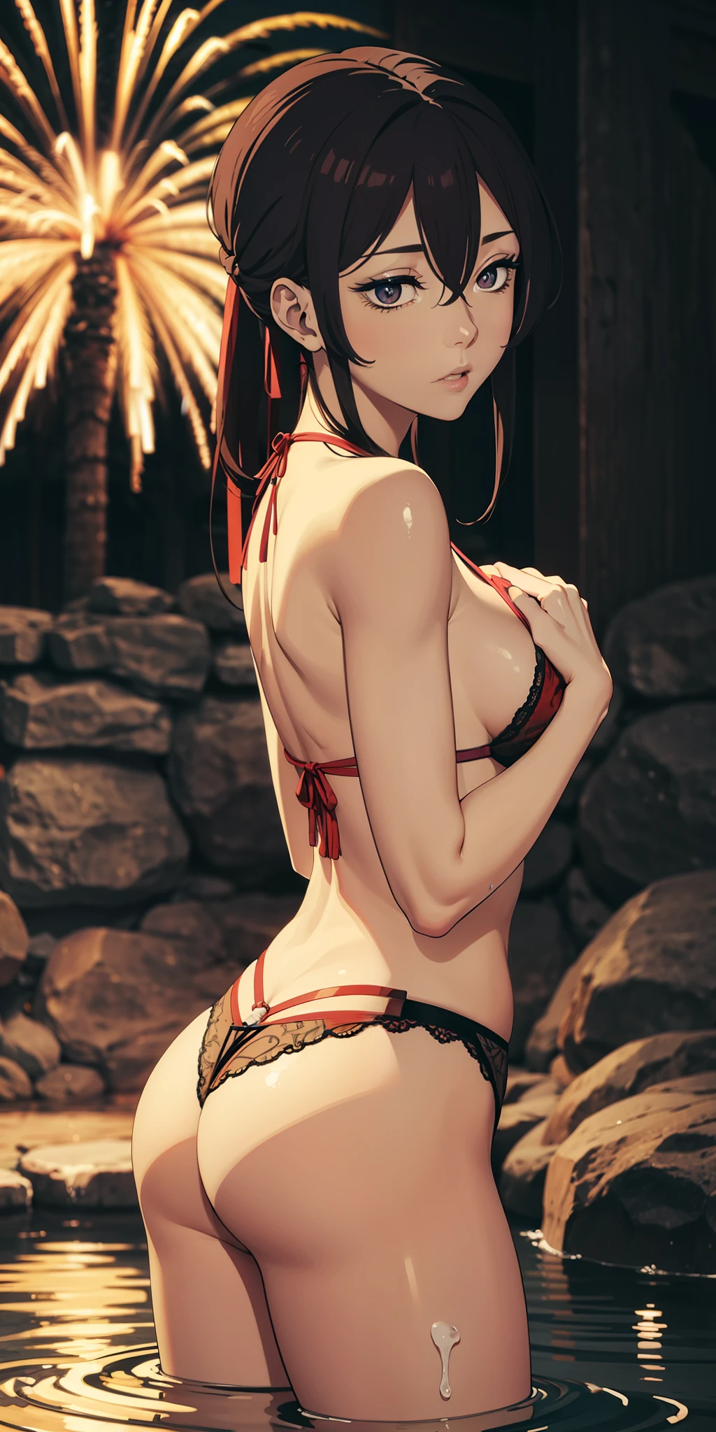 masterpiece、top-quality、hight resolution、hot onsen、Beautiful fireworks on the background、hot onsen,an lingerie, Sheer lingerie、The color of lingerie is dark purple,、Beautiful areola,Beautiful skin,Grasp the rock with both hands、Pose with buttocks sticking out、 Posture is backward、Open leg posture、buttocks visible、The back is visible、all-fours、Only the face is turned around、Genital area flooded、Water leakage from the pubic area、There is white liquid in the buttocks