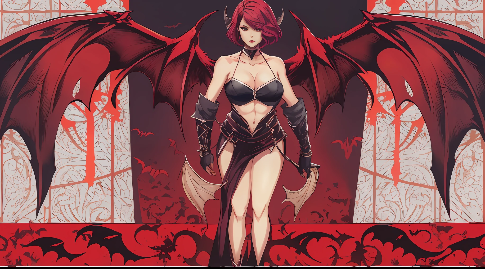 1 , succubus, (((cabelo curto))), (((short hair)))), cabelo vermelho, ruiva, asas de morcego, asas grandes, big bat wings castlevania, 30 anos, espartilho preto, look of malice, olhar SENSUAL, corpo exposto, mostrando corpo,
