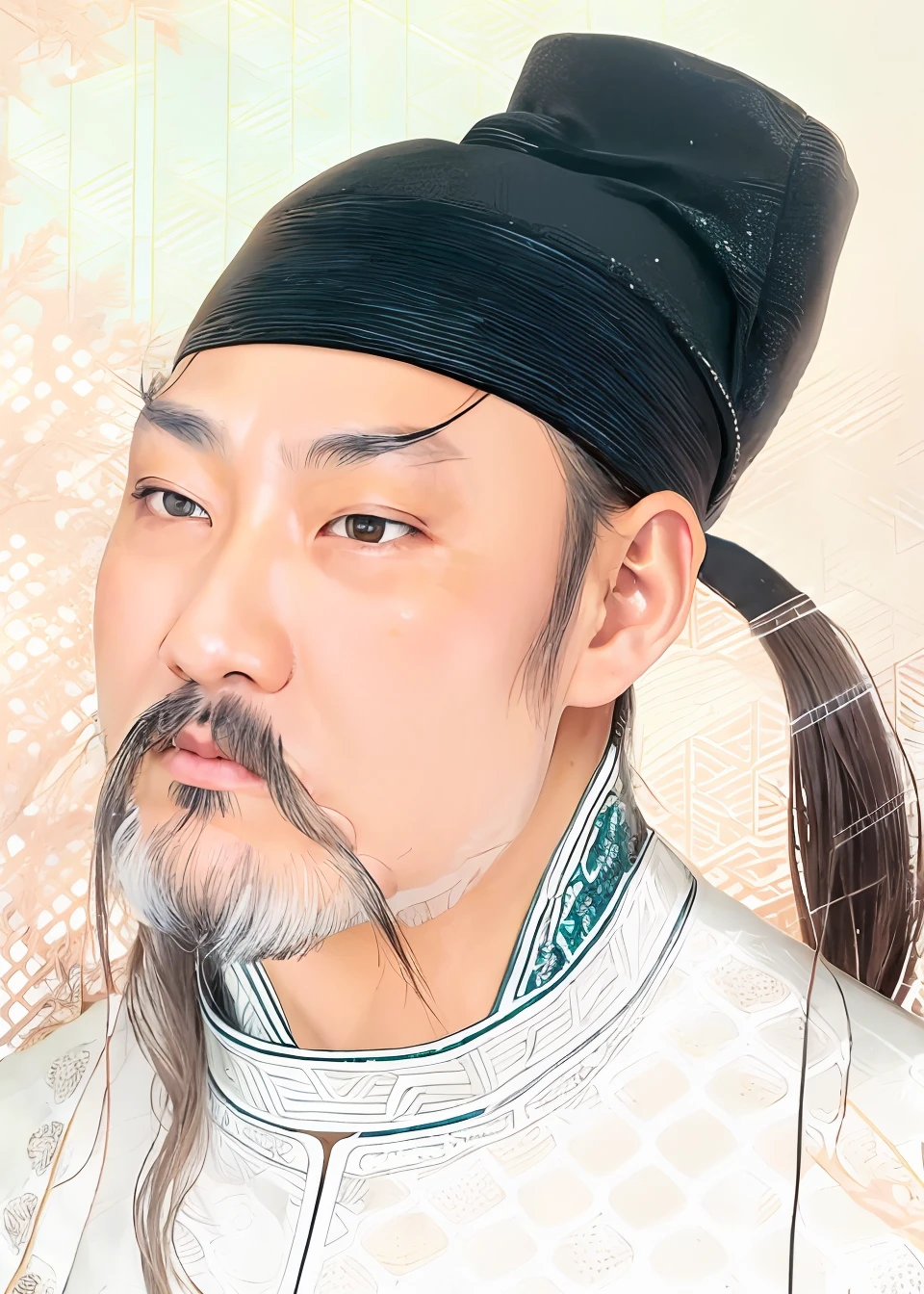 real-looking-skin，Clear pores，photorealisti，modern day，真实感，True proportions，Very real，1：1，（realisticlying：1.36），tmasterpiece，super detailing，Highest high resolution，Close-up of a man with a long beard, Tang dynasty velvet textured hat，Tang dynasty hats，The corners of the eyes rise，Eyebrows raised，author：Li bai, Xianxia, Tang dynasty, super detailing，k hd，16k