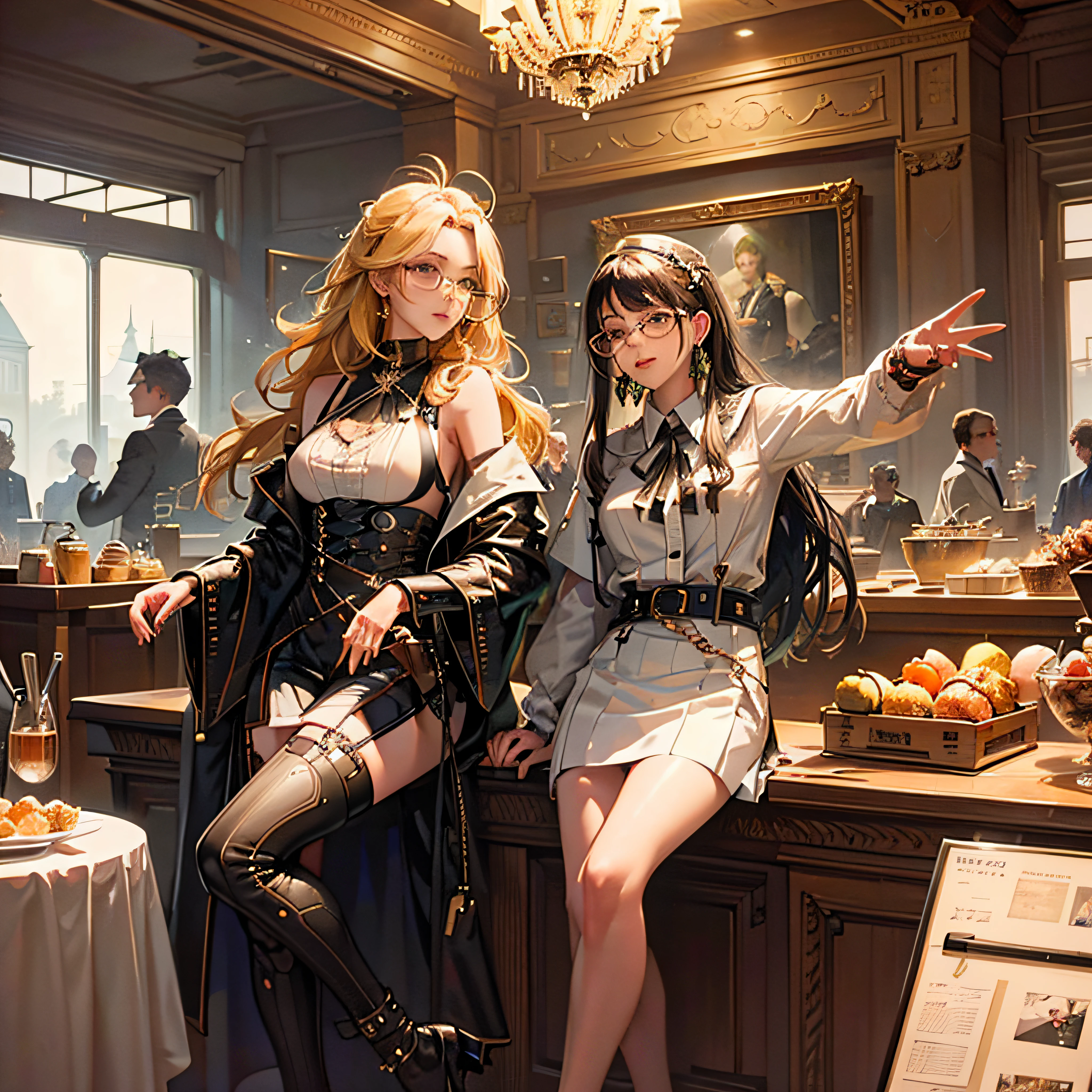 Mixed-race beauty,tall nose bridge,largeeyes,Pout,Melon seed face,The face is angular,Royal sister style,Long hair,Smooth hair,white clothes,Gold-tone glasses frame,Fair skin,Mixed faces,Cafe,drinking a coffee,The expression is leisurely,The phone buckles back on the desktop,The phone does not have a case,Apple 14,Slender fingers,No manicures,Antique coffee shop,Real-world scenarios,Urban retreat --auto