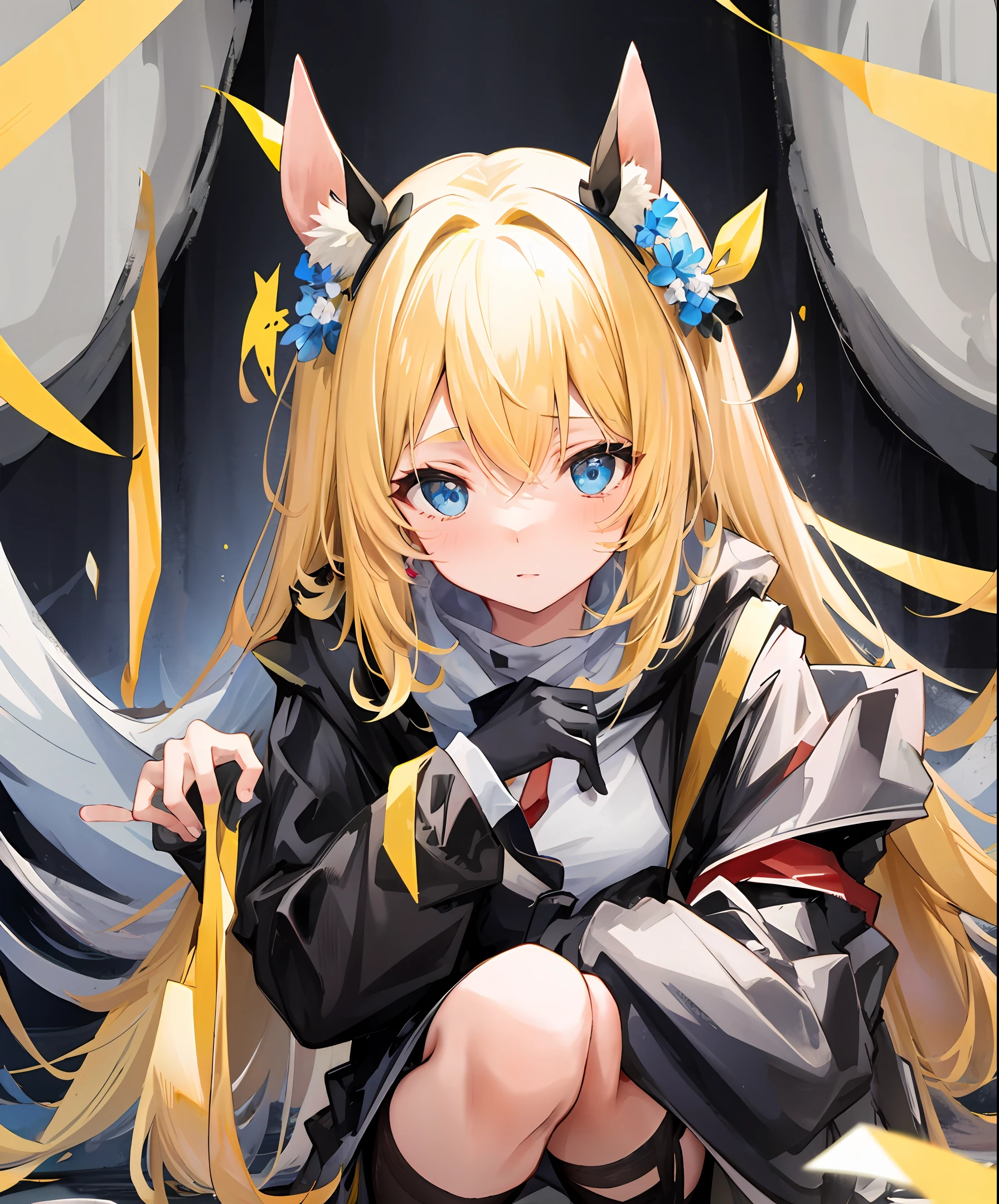 Colorful clothes,whaite hair,Yellow-skinned,eBlue eyes,half squatting,photorealestic