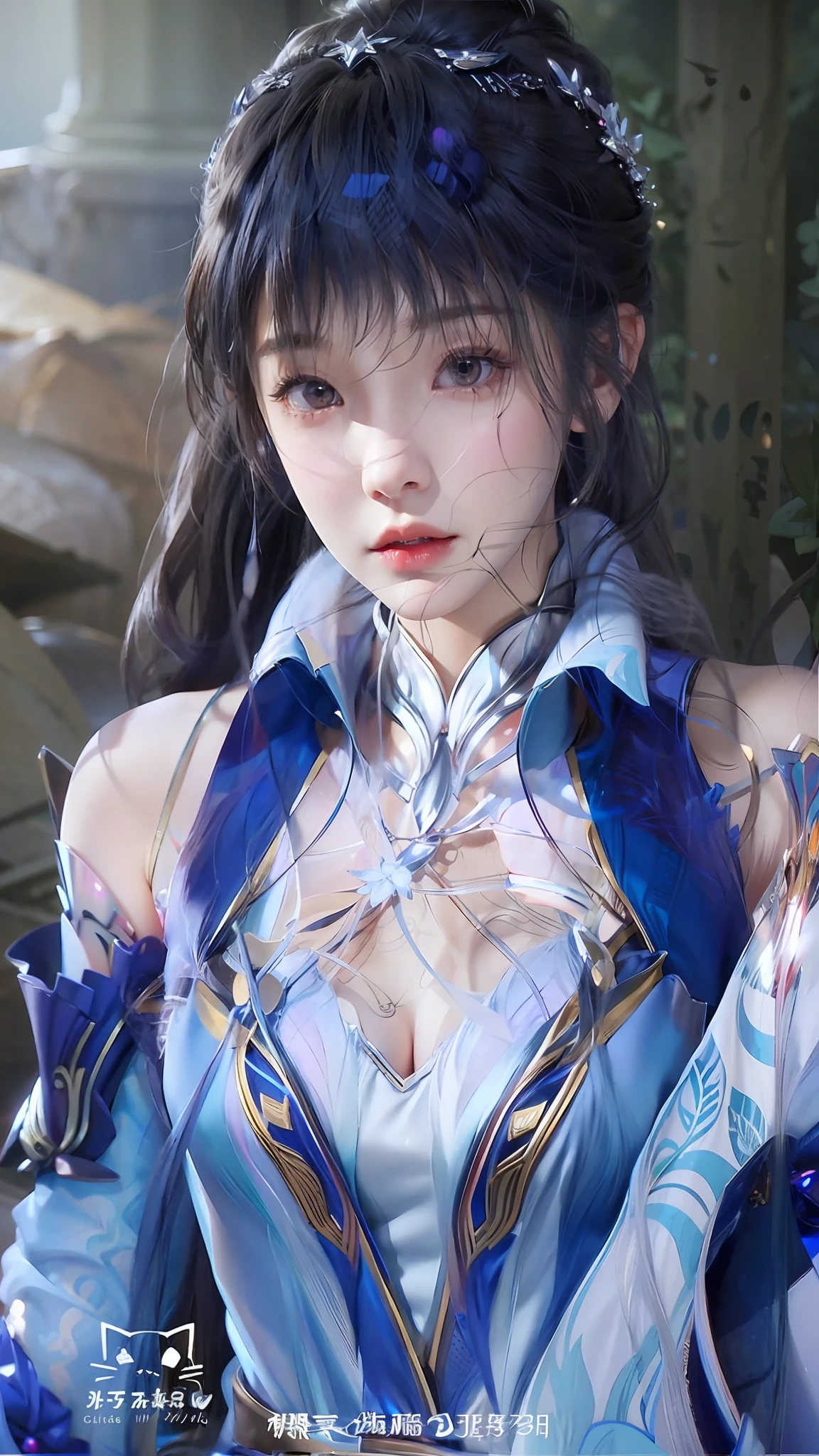 Close up of a woman in a blue miniskirt and blue jacket, Game CG, Smooth anime CG art, inspired by Li Mei-shu, close up character, 3 d anime realistic, 4 K detail fantasy, photorealistic anime girl rendering, Yun Ling, 8 k uhd character details, anime cgi, Art germ ; 3d unreal engine,Bigchest,Leaky shoulders
