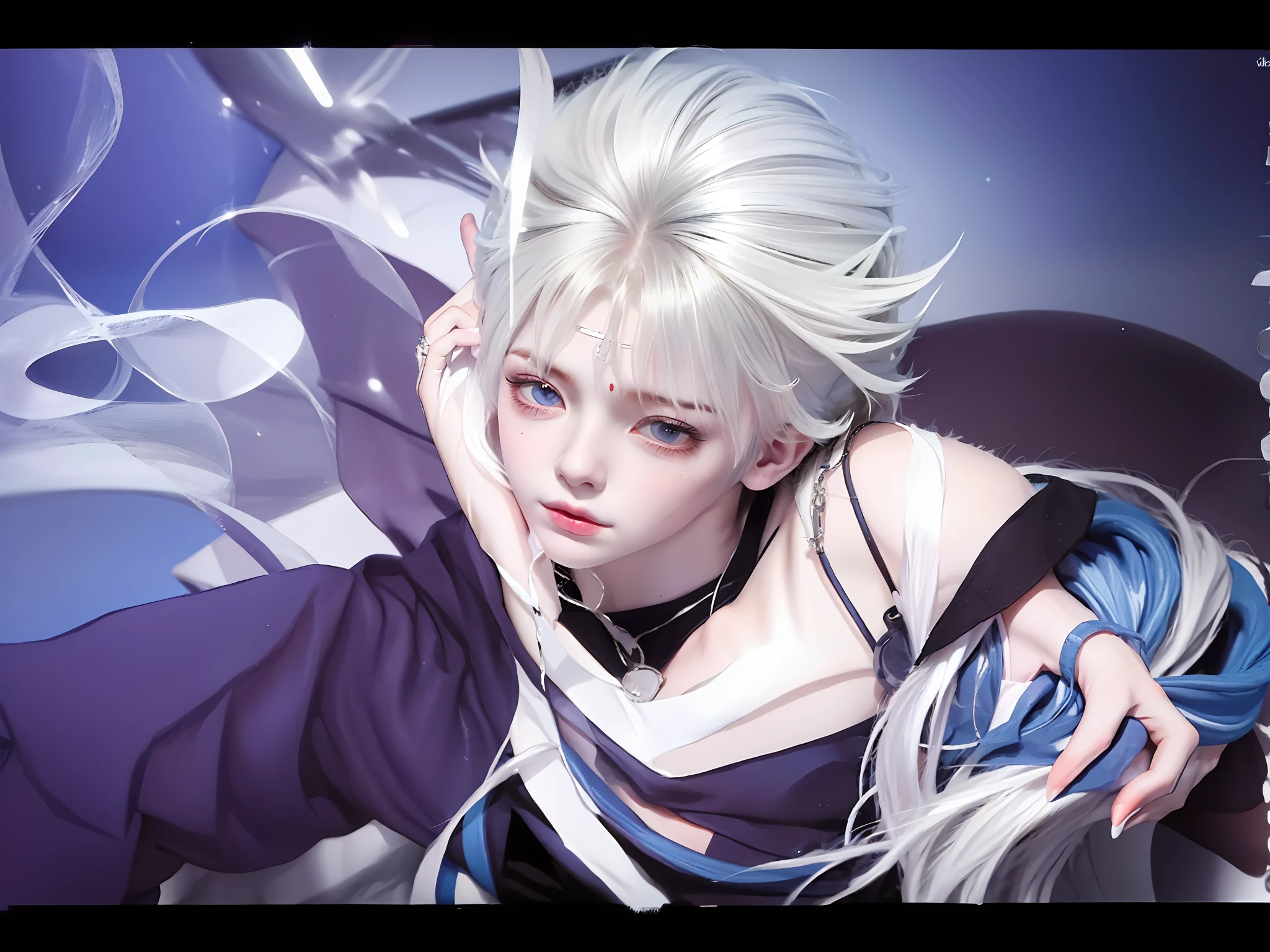 1boy, white hair, blue eyes, killua zoldyck, white shirt
